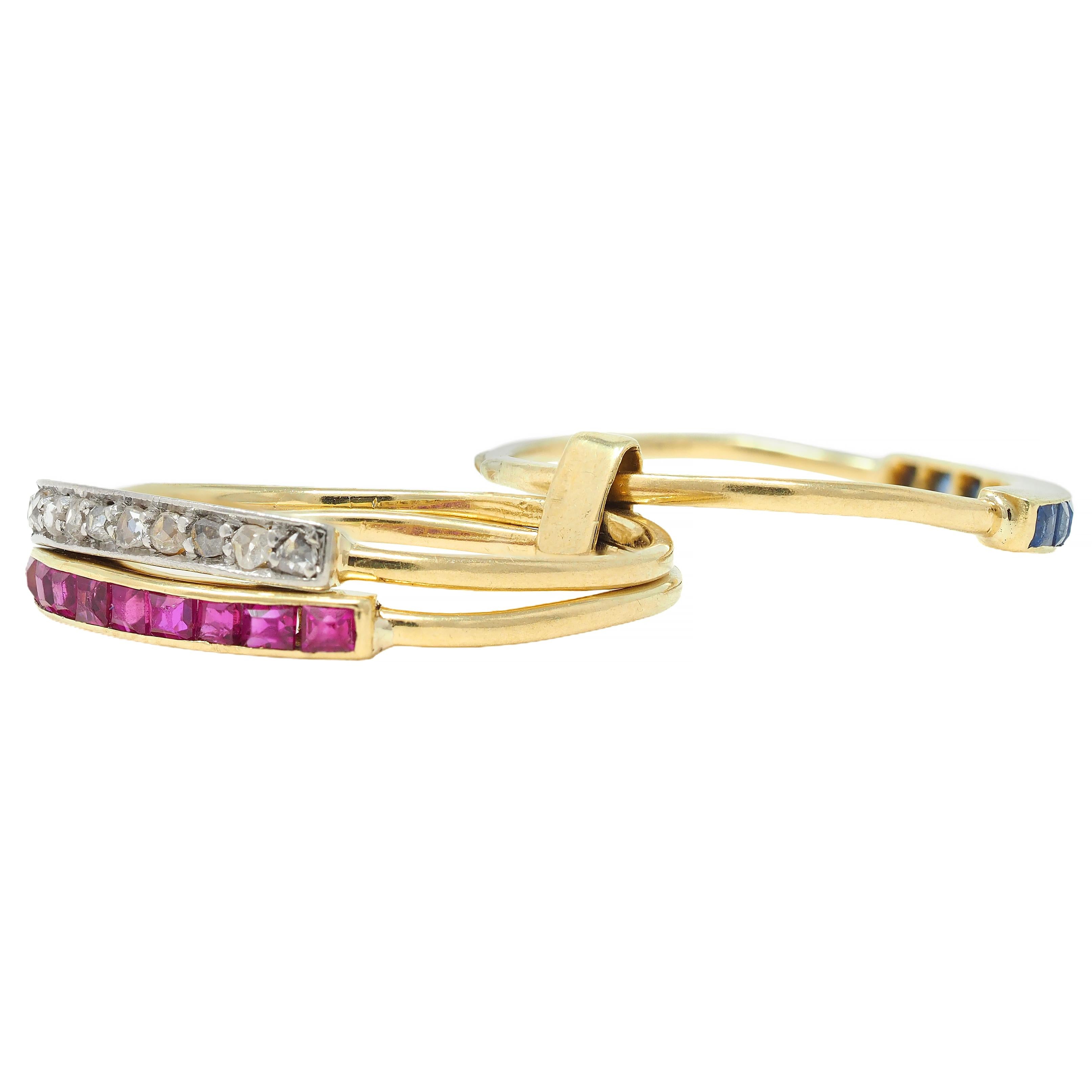 Edwardian Sapphire Ruby Diamond Platinum 18K Gold Antique Harem Flip Ring