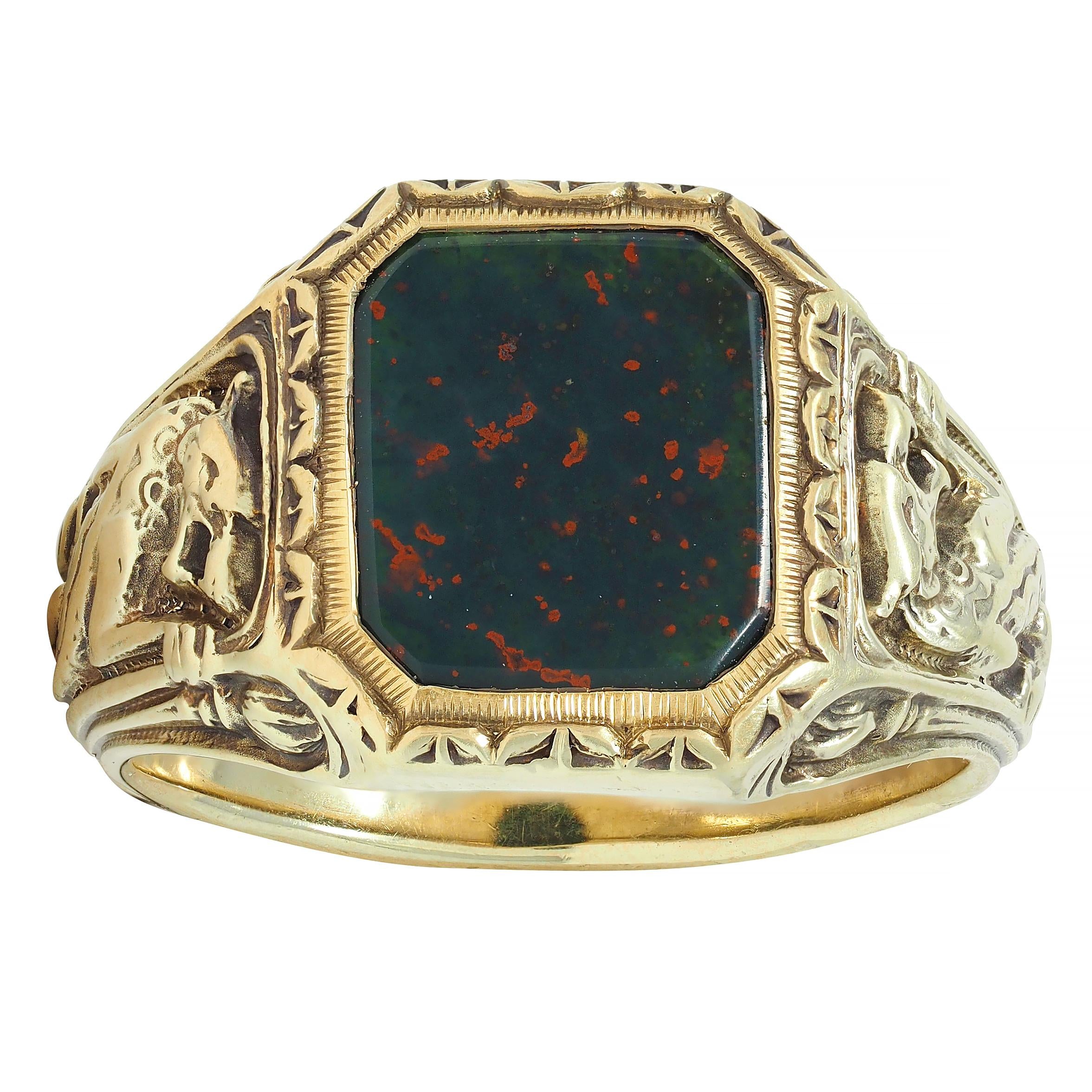 Jones & Woodland Art Nouveau Bloodstone 14K Gold Antique Basilisk Signet Ring