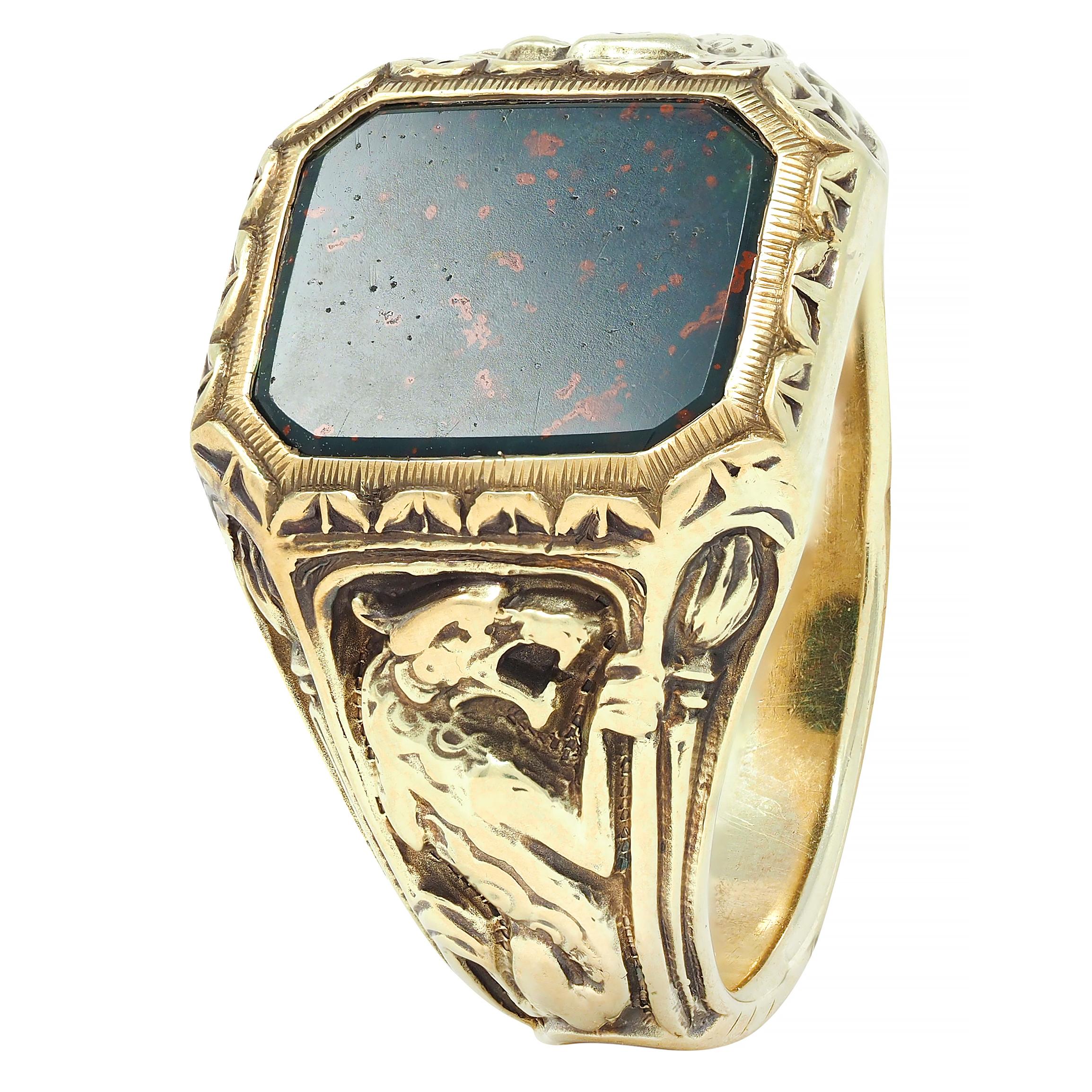 Jones & Woodland Art Nouveau Bloodstone 14K Gold Antique Basilisk Signet Ring