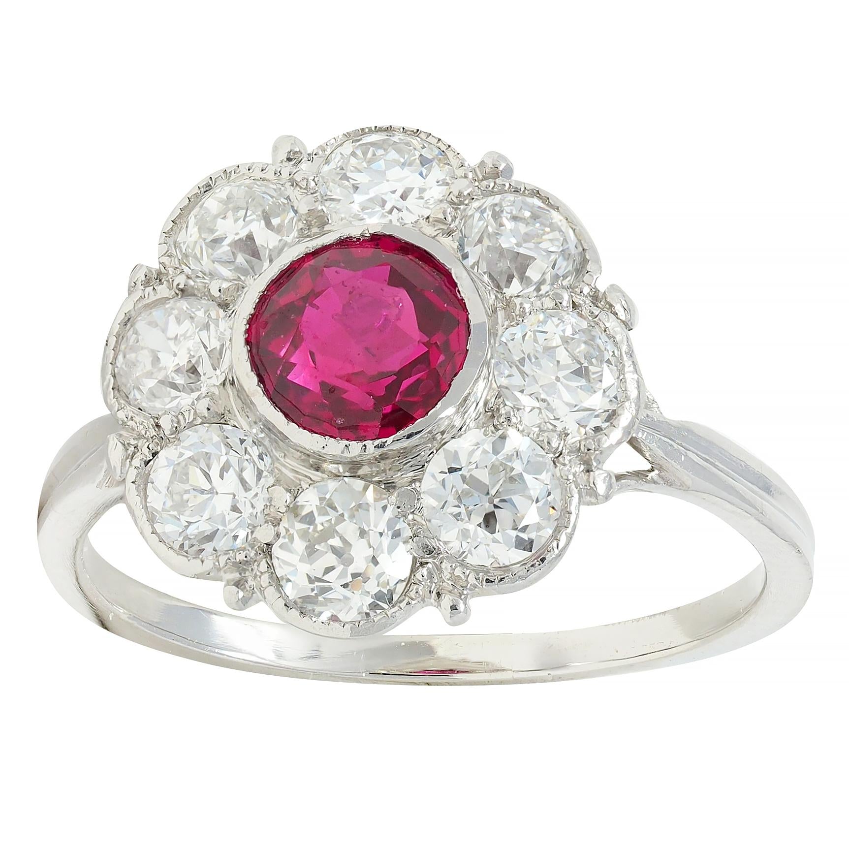 Art Deco 2.06 CTW No Heat Burma Ruby Diamond Platinum Vintage Halo Ring GIA