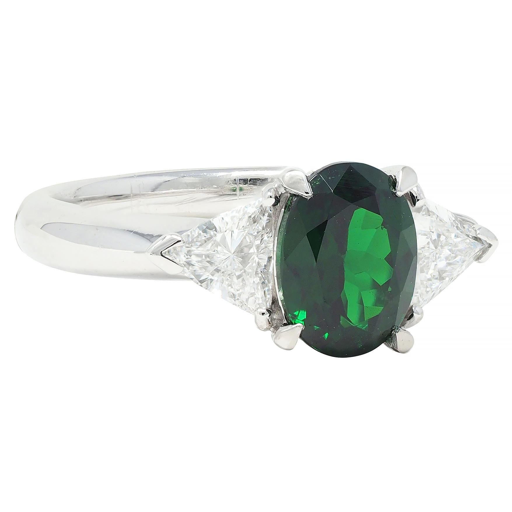 Contemporary 2.19 CTW Tsavorite Garnet Diamond Platinum Three Stone Ring