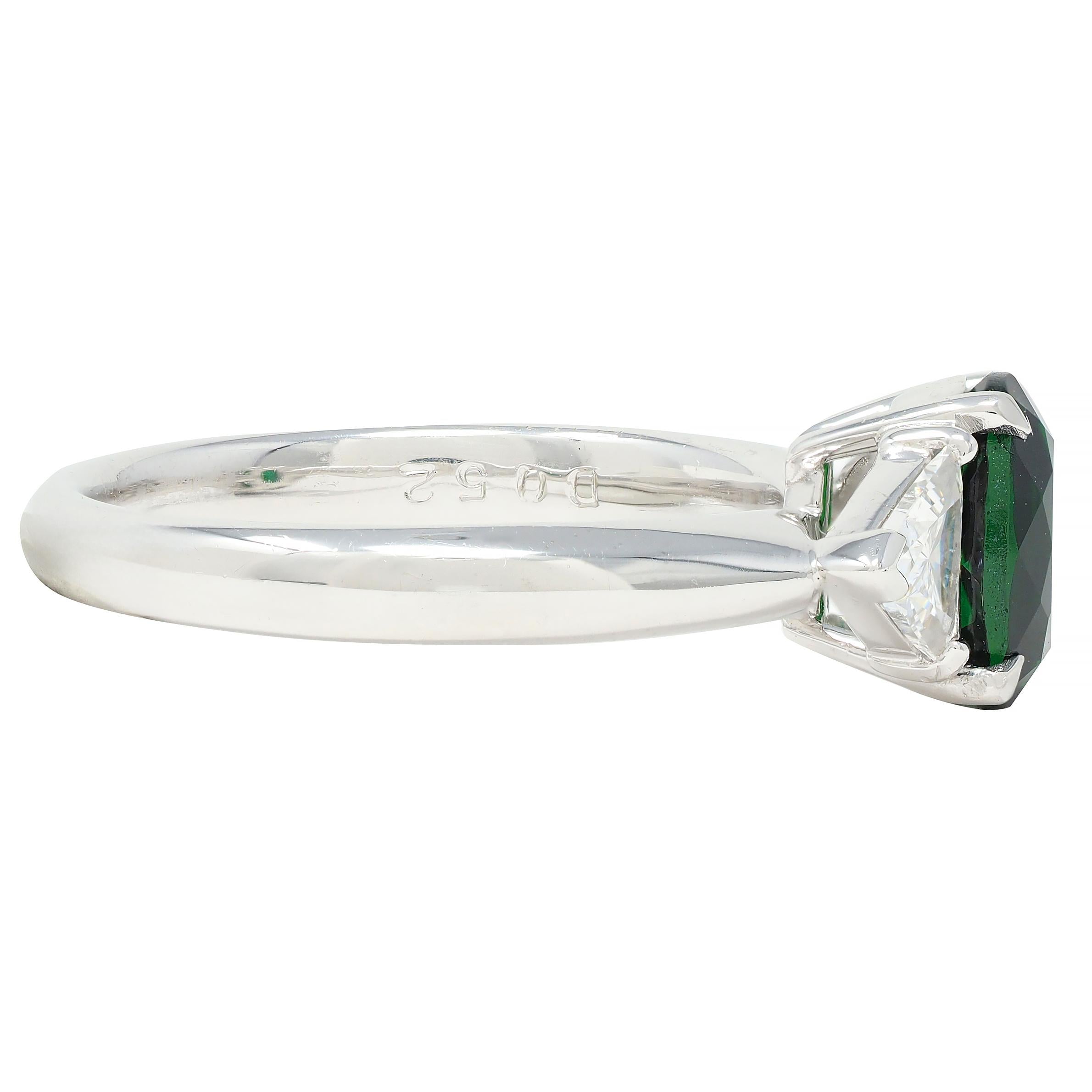 Contemporary 2.19 CTW Tsavorite Garnet Diamond Platinum Three Stone Ring