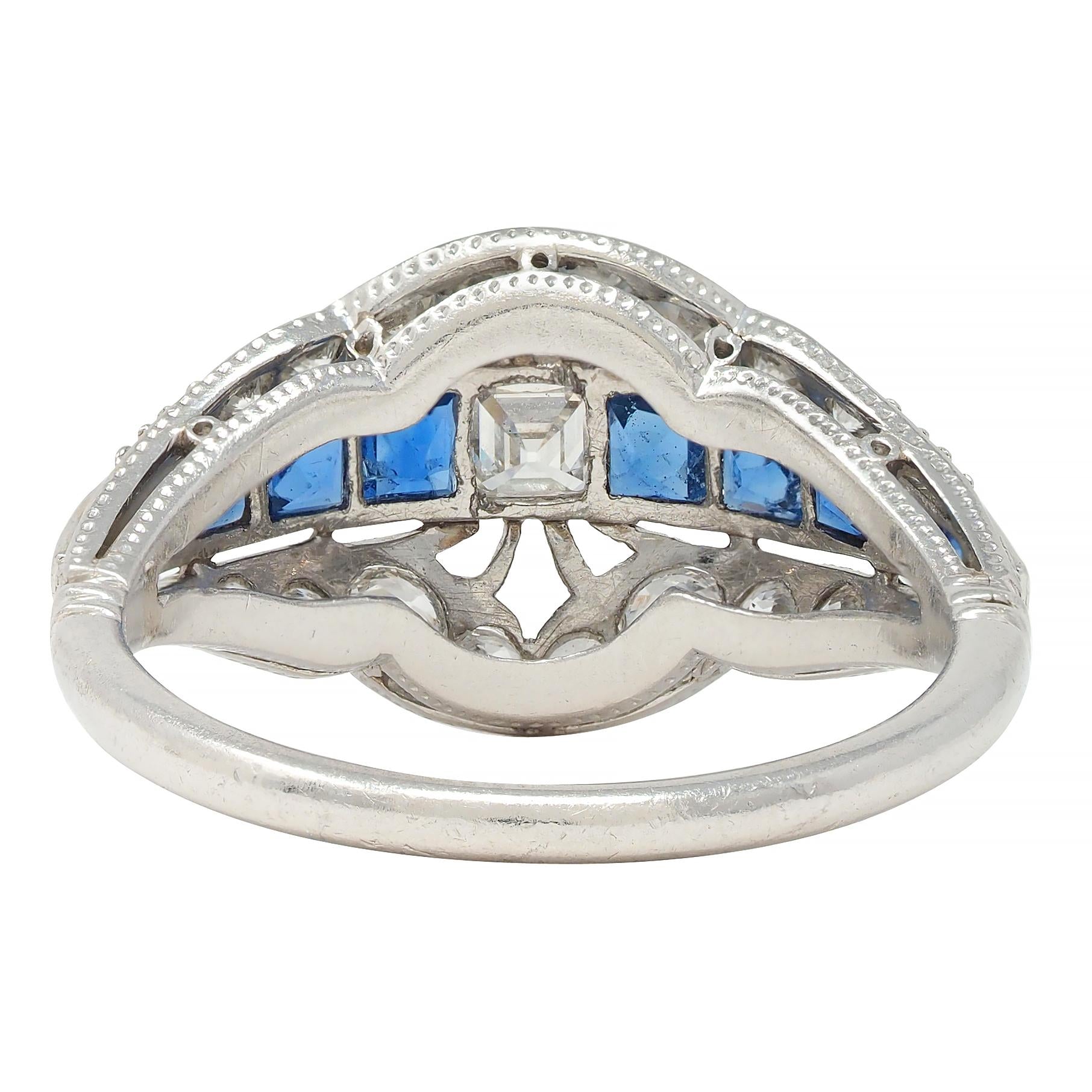 Durand & Co Art Deco 2.29 CTW Sapphire Diamond Platinum Vintage Bombé Band Ring