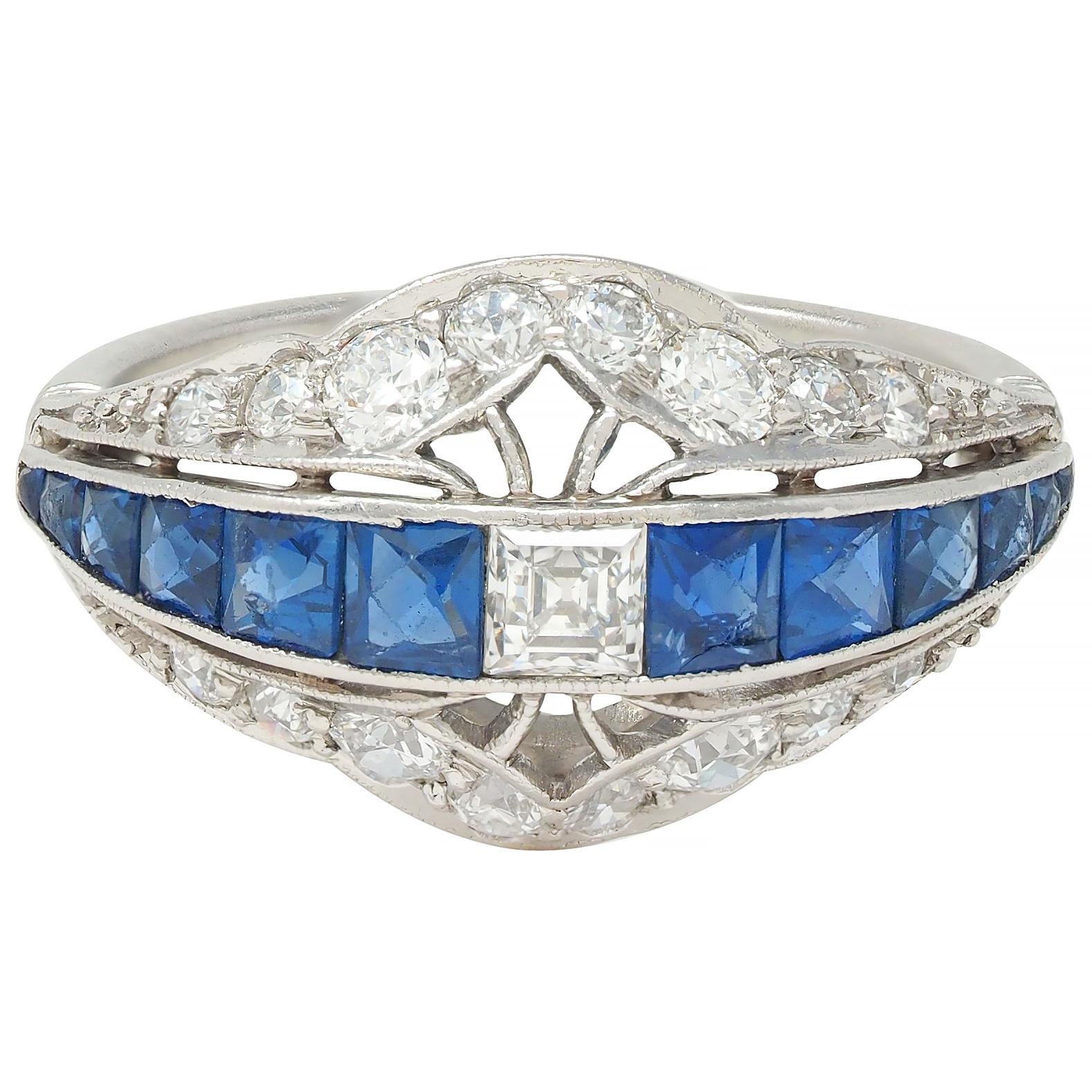 Durand & Co Art Deco 2.29 CTW Sapphire Diamond Platinum Vintage Bombé Band Ring