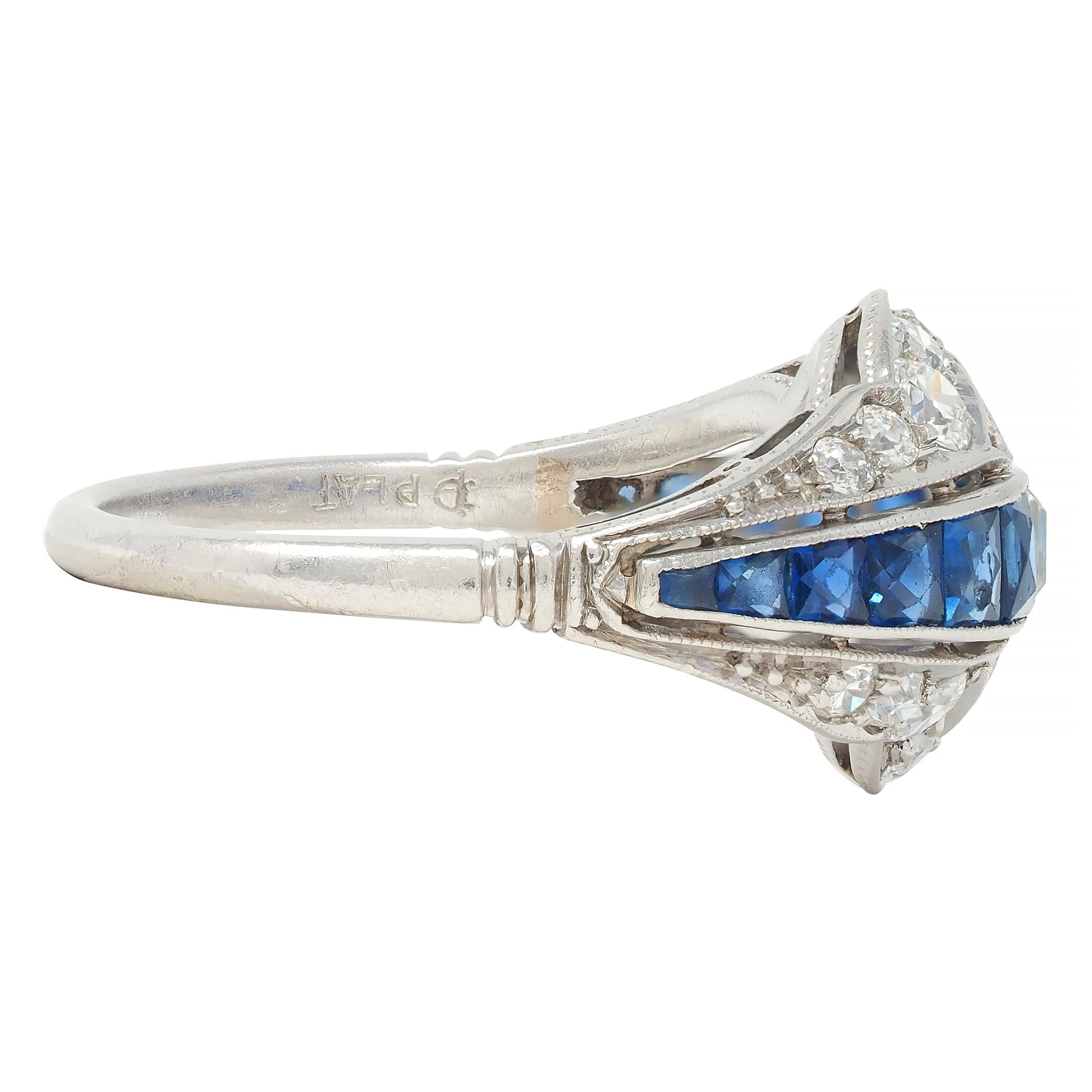 Durand & Co Art Deco 2.29 CTW Sapphire Diamond Platinum Vintage Bombé Band Ring