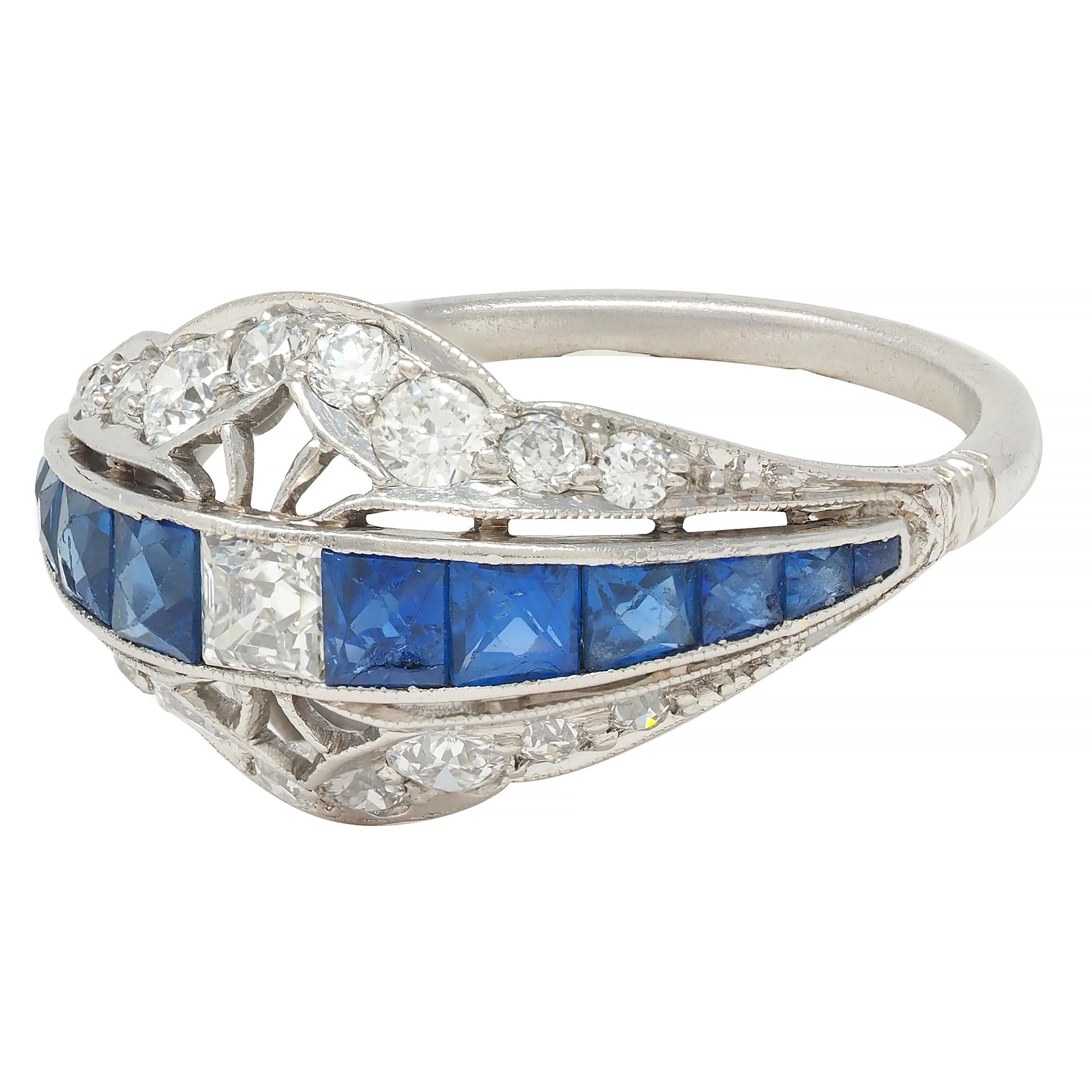 Durand & Co Art Deco 2.29 CTW Sapphire Diamond Platinum Vintage Bombé Band Ring