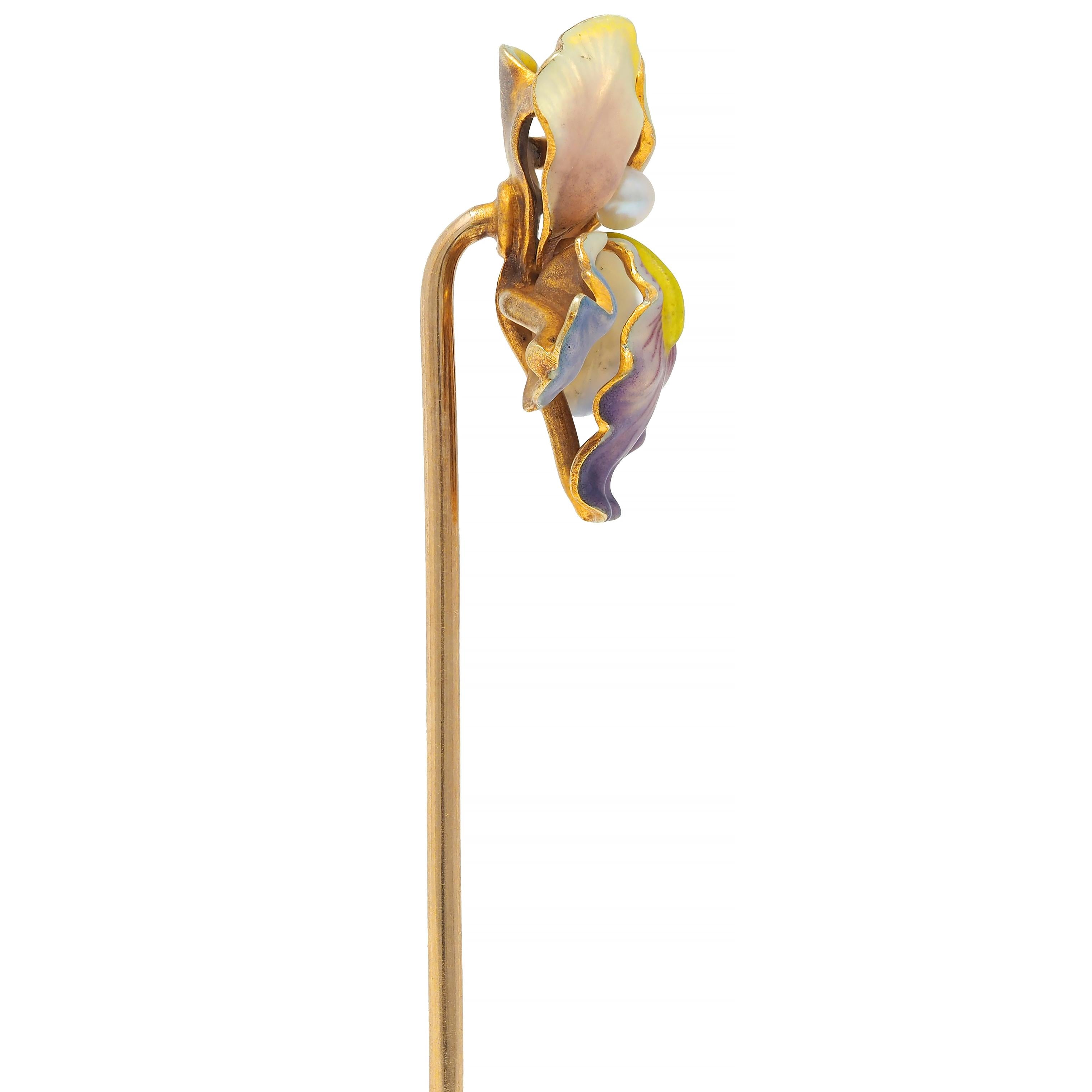 Art Nouveau Enamel Pearl 14 Karat Gold Antique Iris Flower Whiteside Stickpin