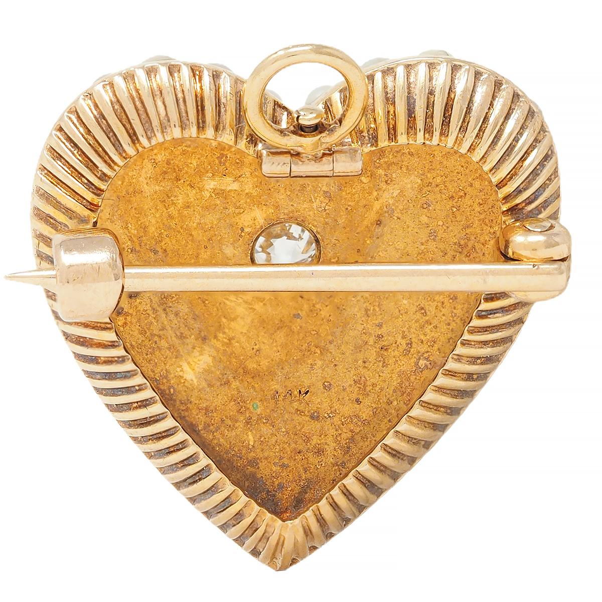 Victorian Diamond Pearl 14 Karat Yellow Gold Antique Heart Pendant Brooch