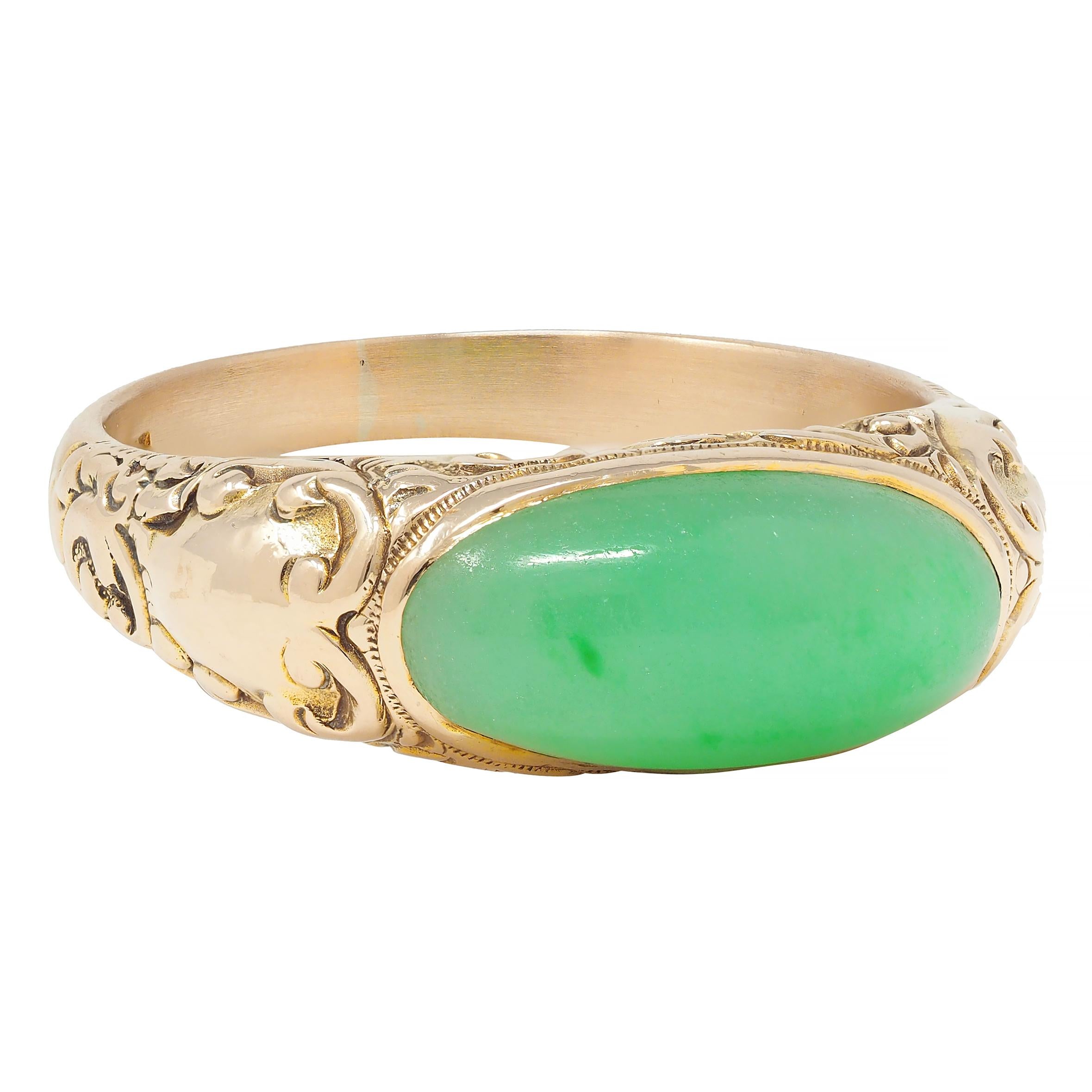 Allsopp Bros. Art Nouveau Jade 14 Karat Yellow Gold Antique Unisex Signet Ring