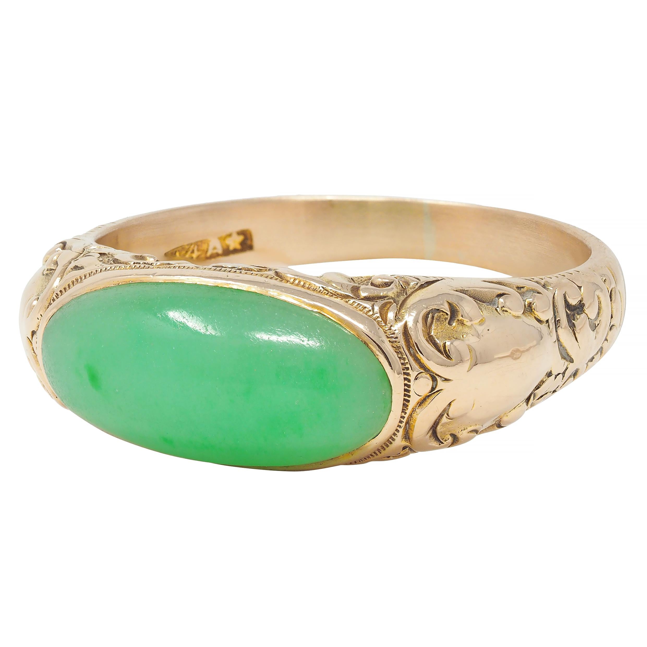 Allsopp Bros. Art Nouveau Jade 14 Karat Yellow Gold Antique Unisex Signet Ring