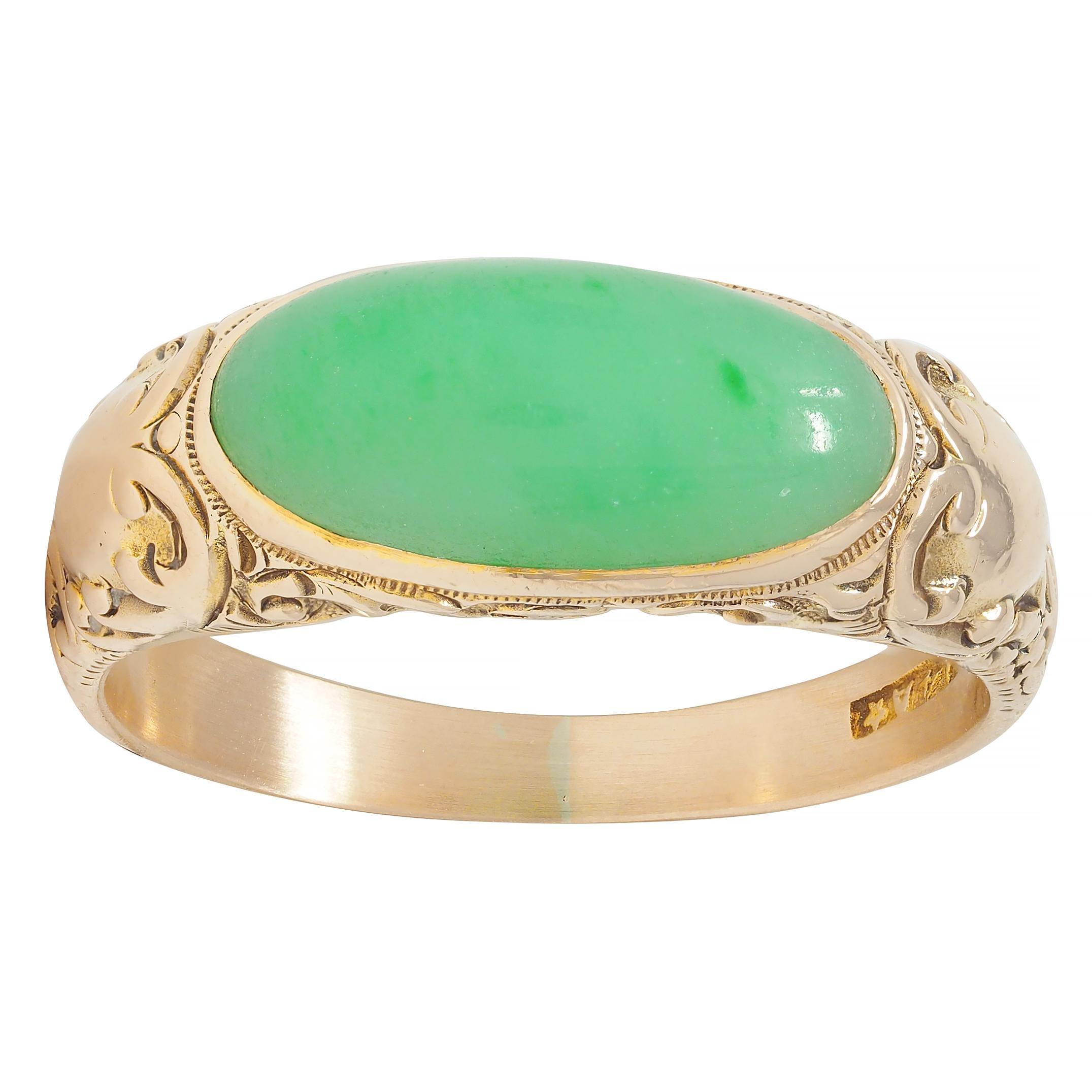 Allsopp Bros. Art Nouveau Jade 14 Karat Yellow Gold Antique Unisex Signet Ring