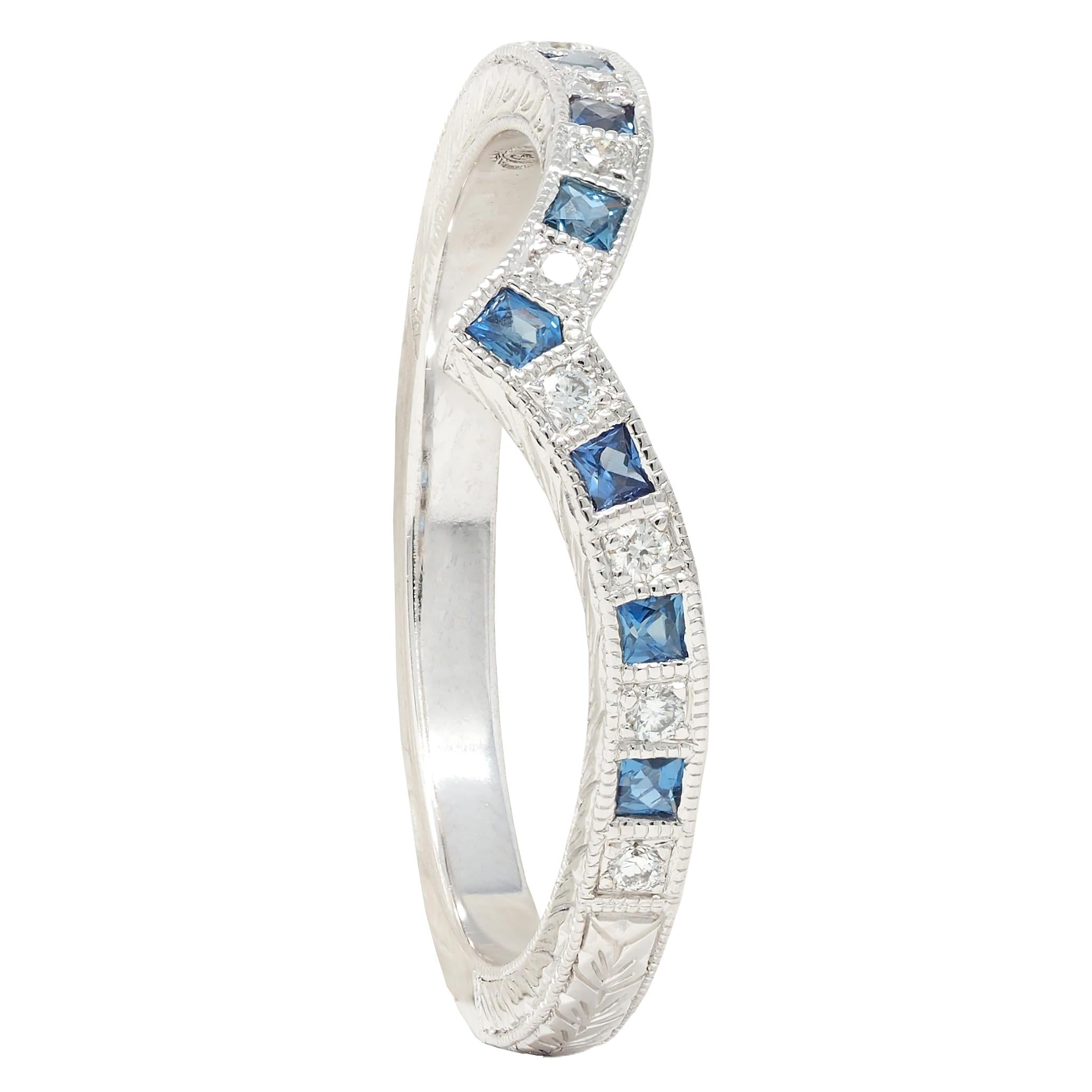 Contemporary Sapphire Diamond 14 Karat White Gold Contour Wedding Band Ring