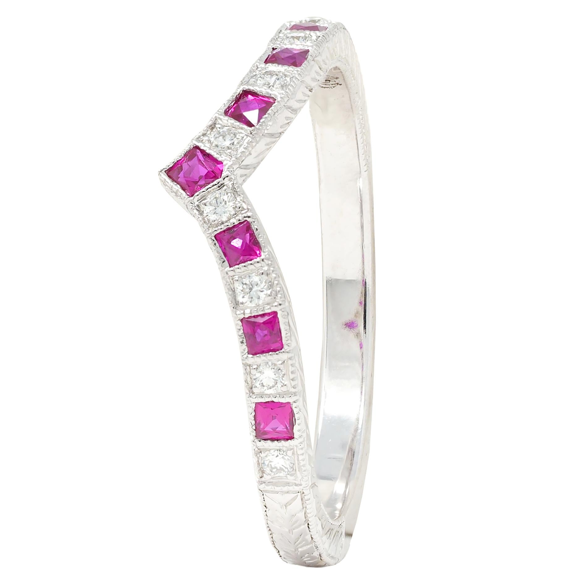 Contemporary Ruby Diamond 14 Karat White Gold Contour Wedding Band Ring