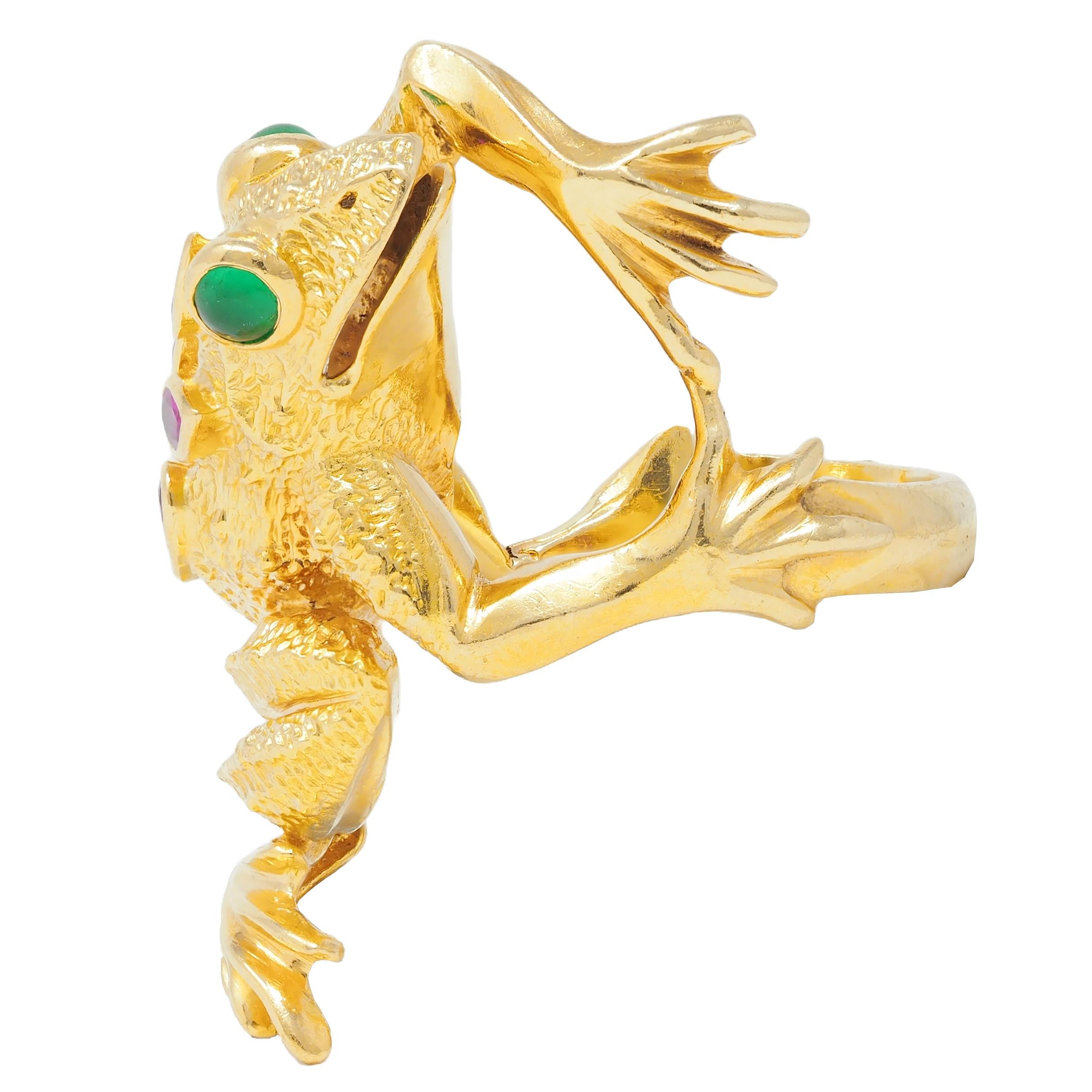 1969 Kurt Wayne 1.60 CTW Ruby Emerald 18 Karat Yellow Gold Vintage Frog Ring