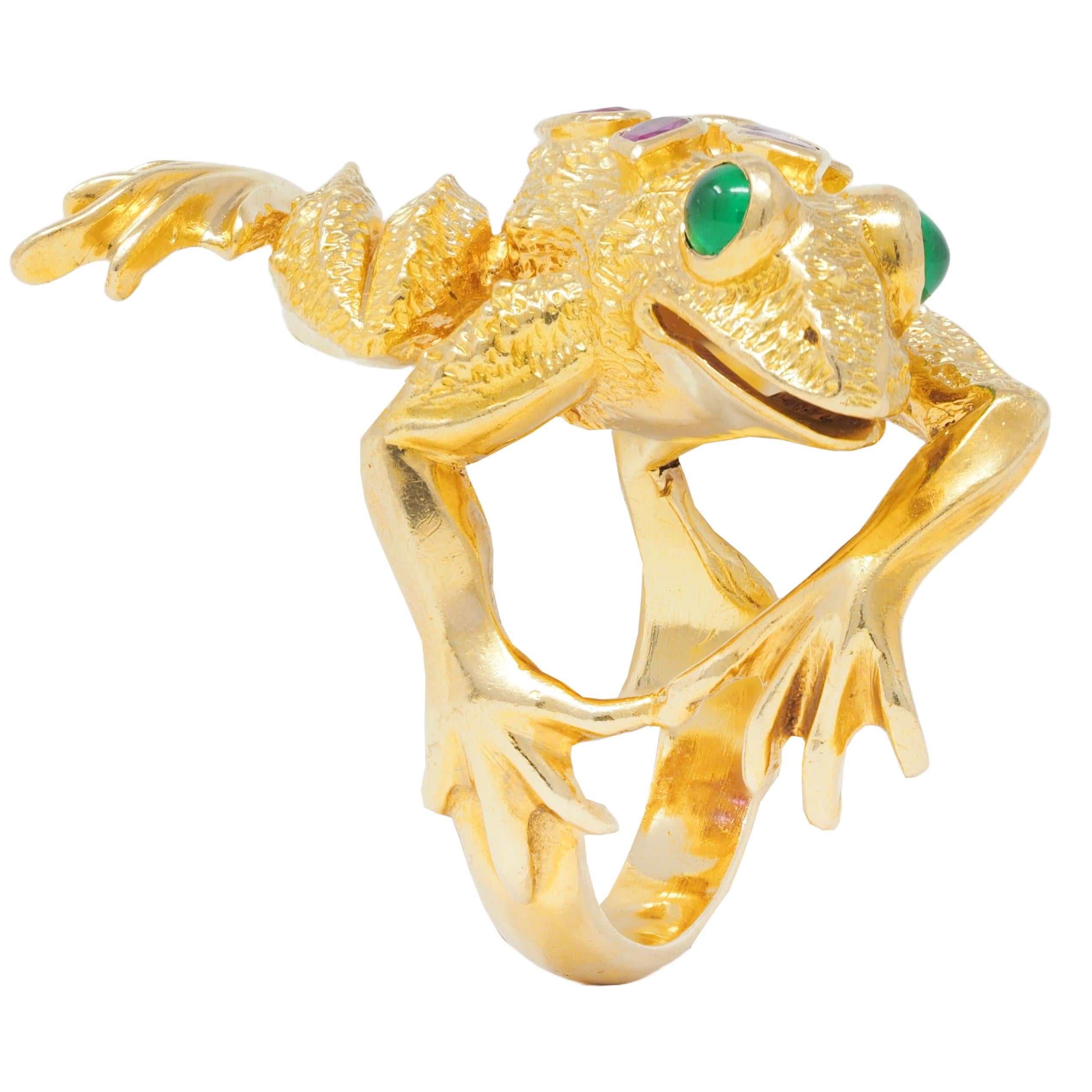 1969 Kurt Wayne 1.60 CTW Ruby Emerald 18 Karat Yellow Gold Vintage Frog Ring