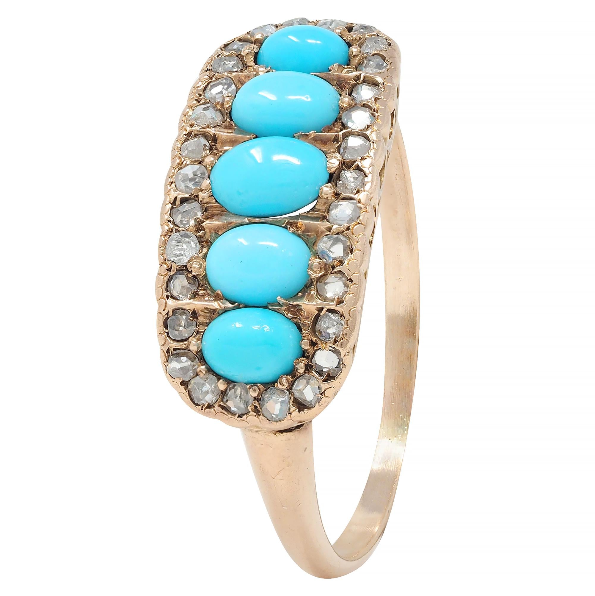 Victorian Turquoise Cabochon Diamond 14 Karat Rose Gold Antique Band Ring