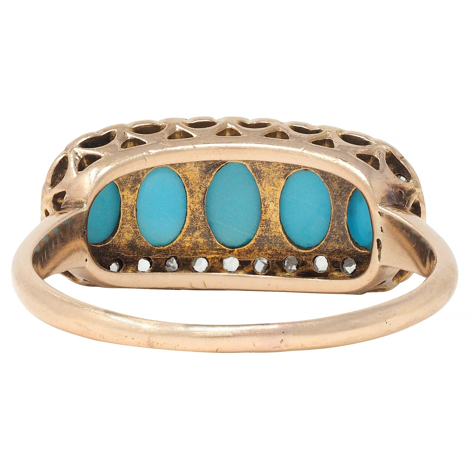 Victorian Turquoise Cabochon Diamond 14 Karat Rose Gold Antique Band Ring