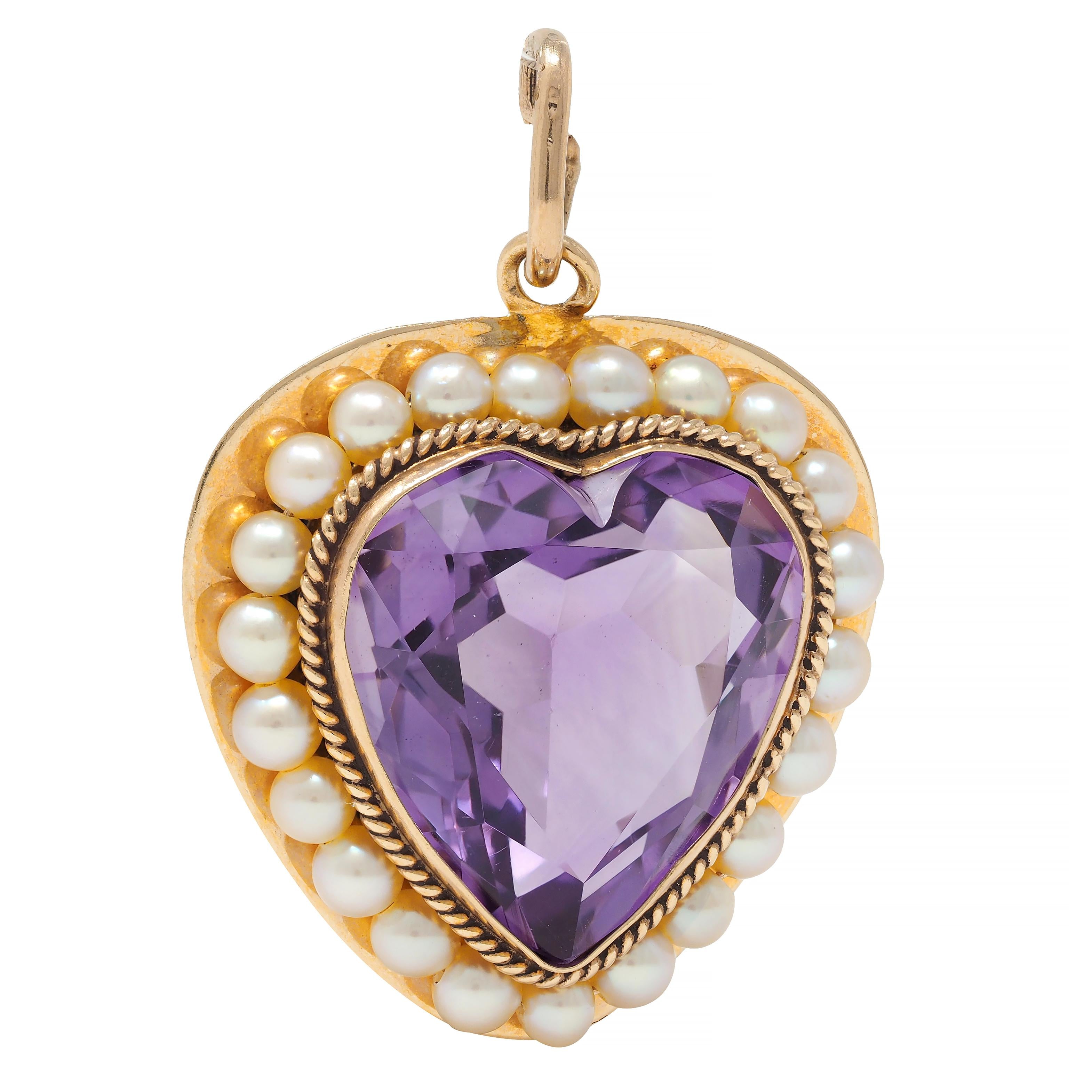 Retro Amethyst Pearl 14 Karat Yellow Gold Vintage Heart Pendant