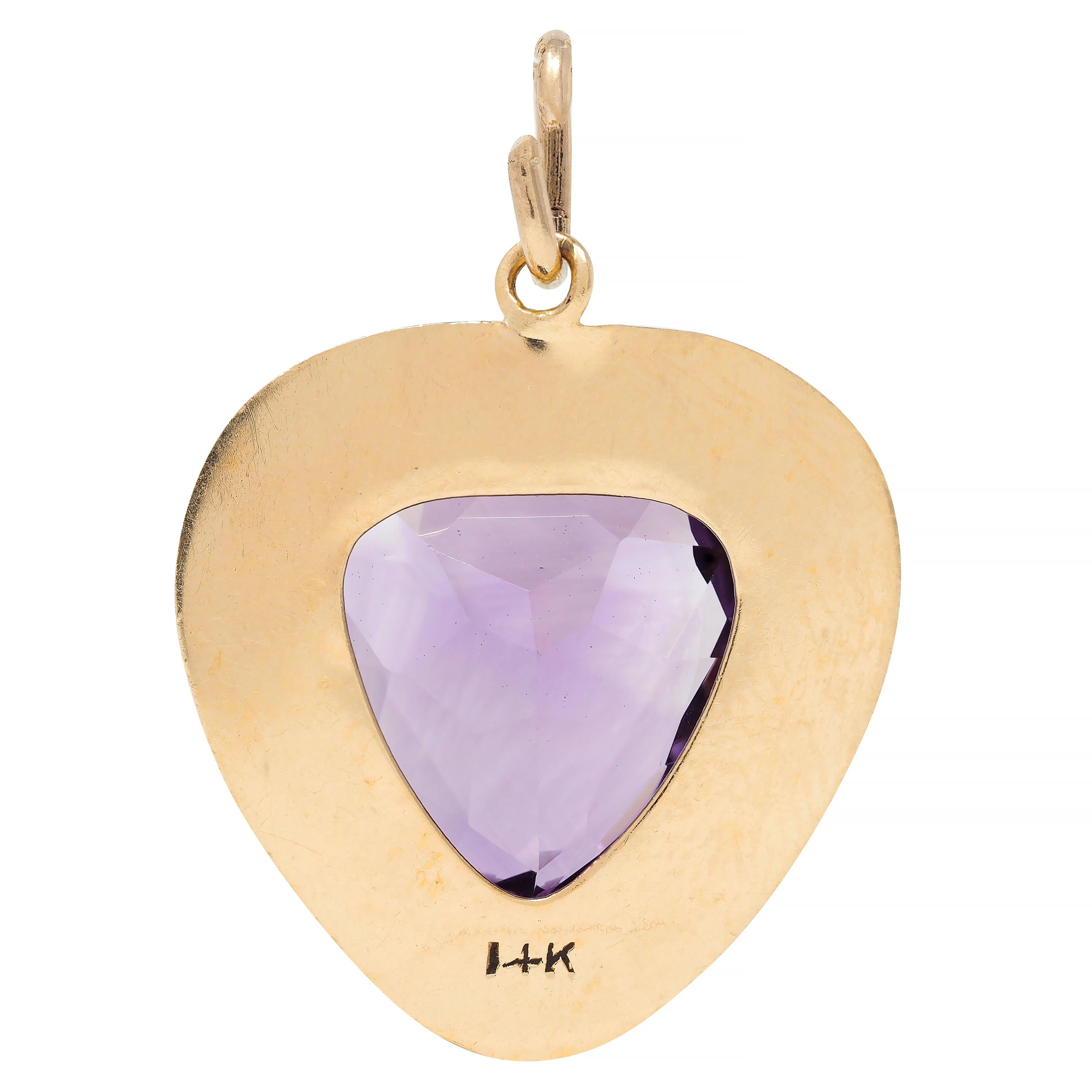 Retro Amethyst Pearl 14 Karat Yellow Gold Vintage Heart Pendant