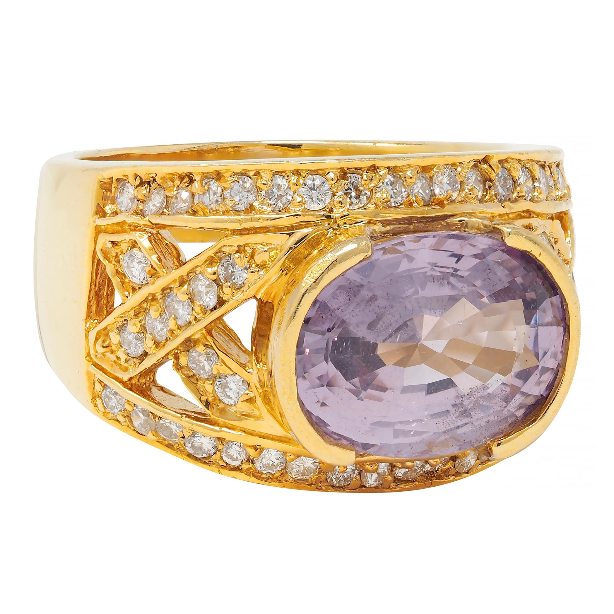 Vintage 5.55 CTW Purple Pink Spinel Diamond 18 Karat Yellow Gold Wide Band Ring