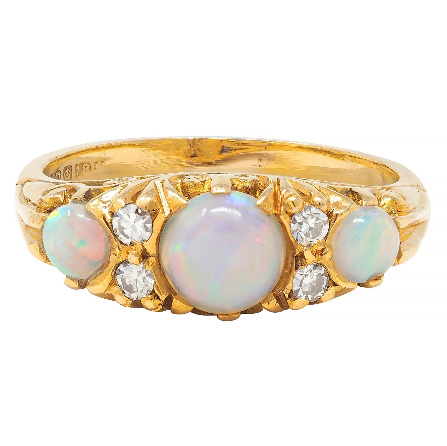 Art Nouveau Opal Diamond 18 Karat Yellow Gold Antique Scroll Band Ring