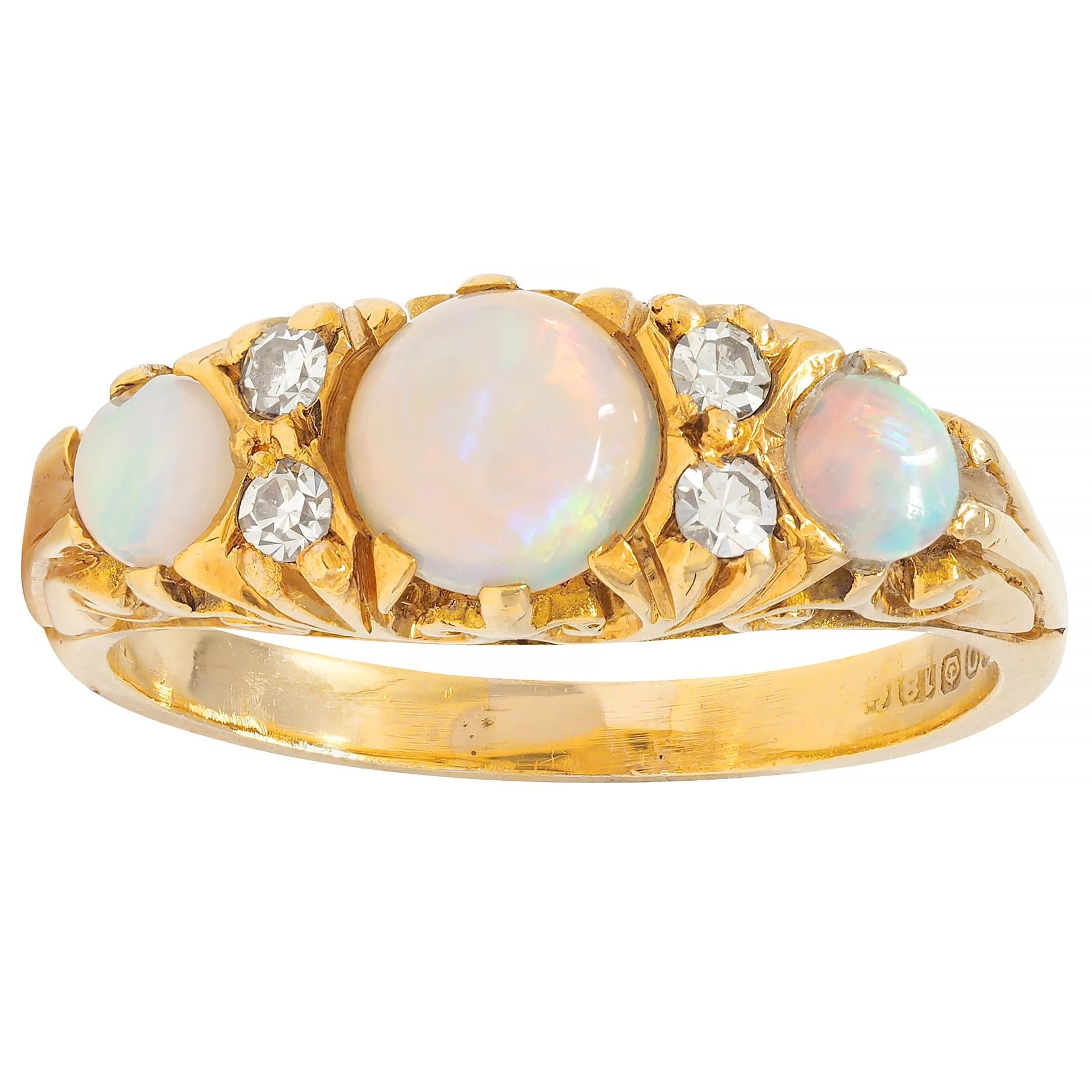 Art Nouveau Opal Diamond 18 Karat Yellow Gold Antique Scroll Band Ring