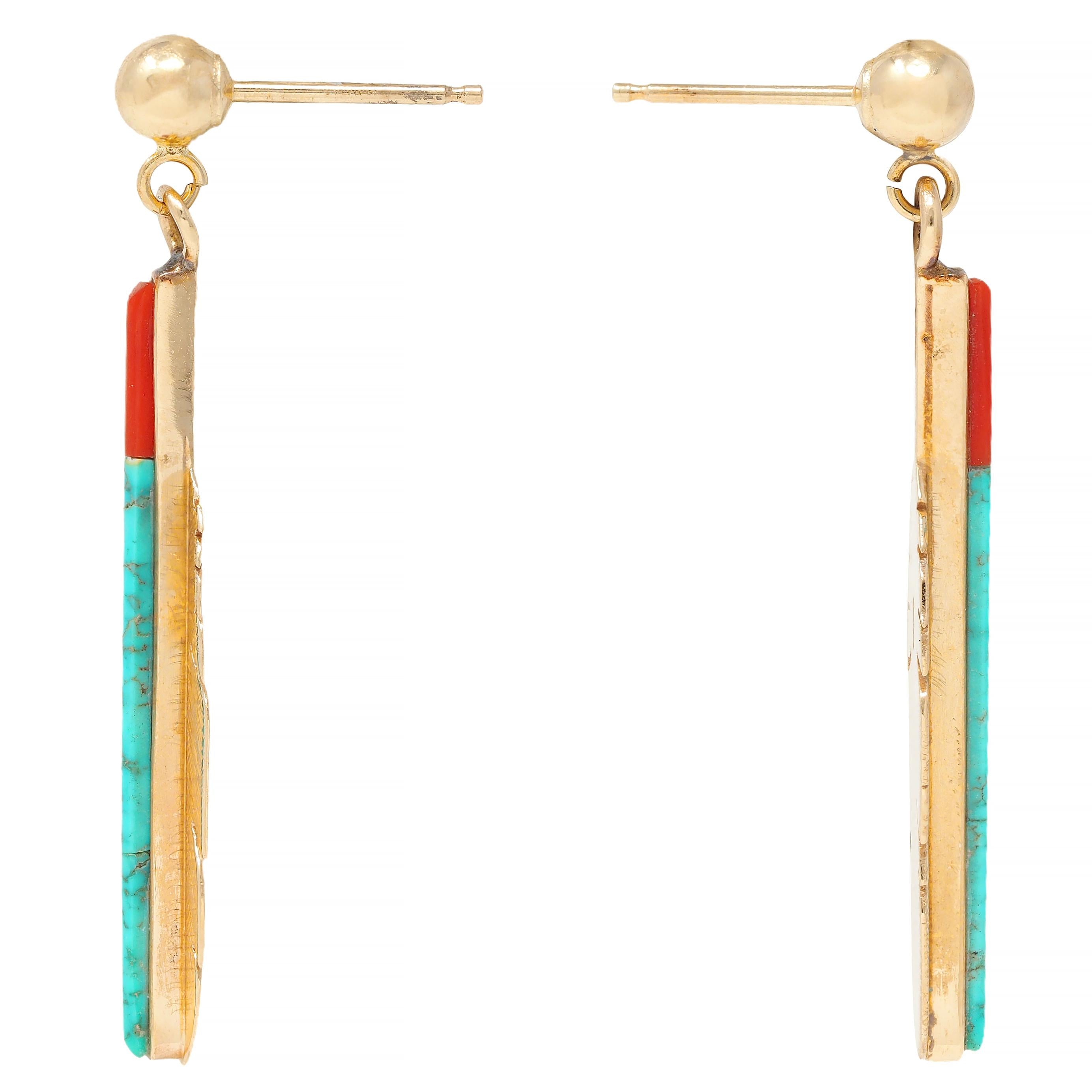 Turquoise Carnelian 14 Karat Yellow Gold Vintage Feather Drop Earrings