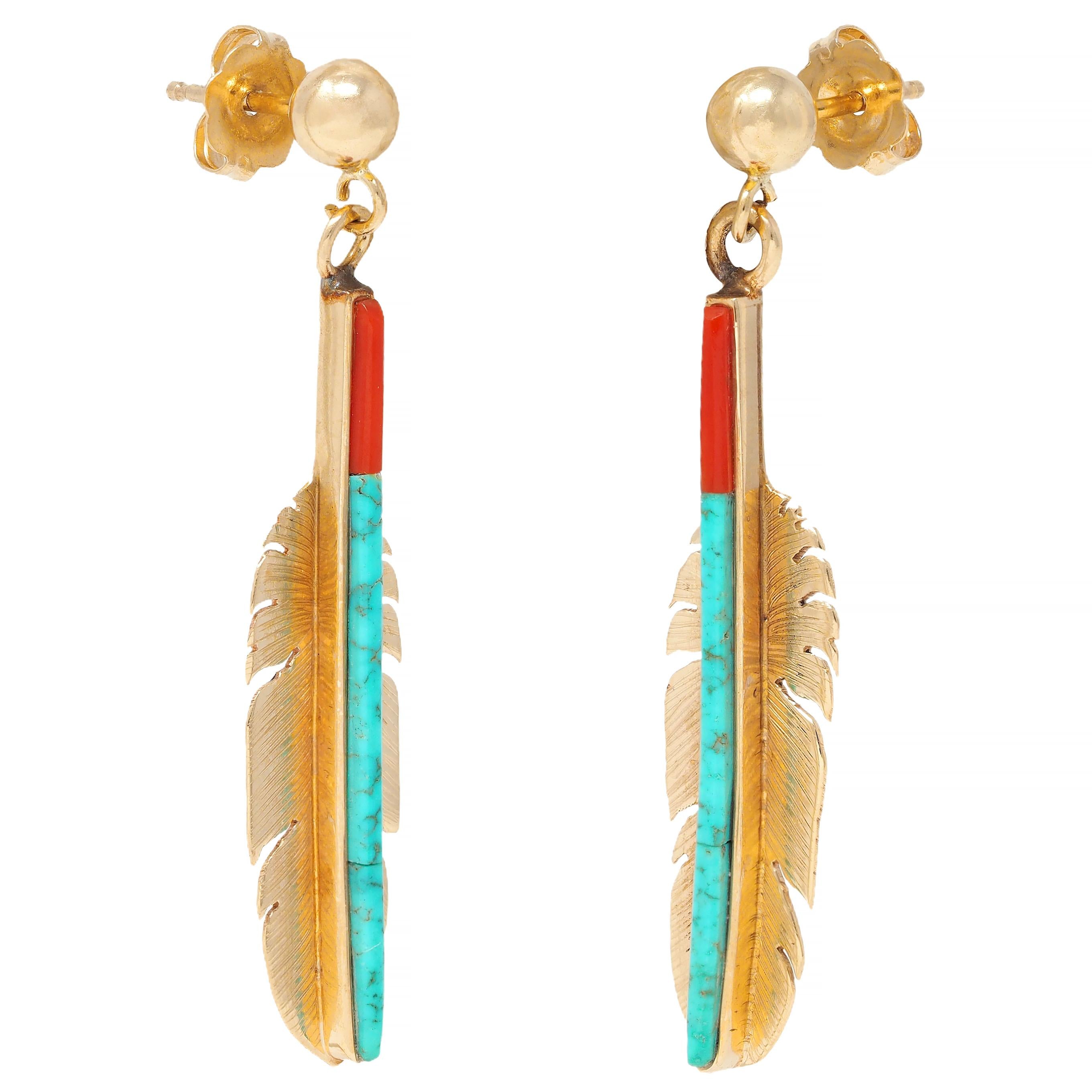 Turquoise Carnelian 14 Karat Yellow Gold Vintage Feather Drop Earrings