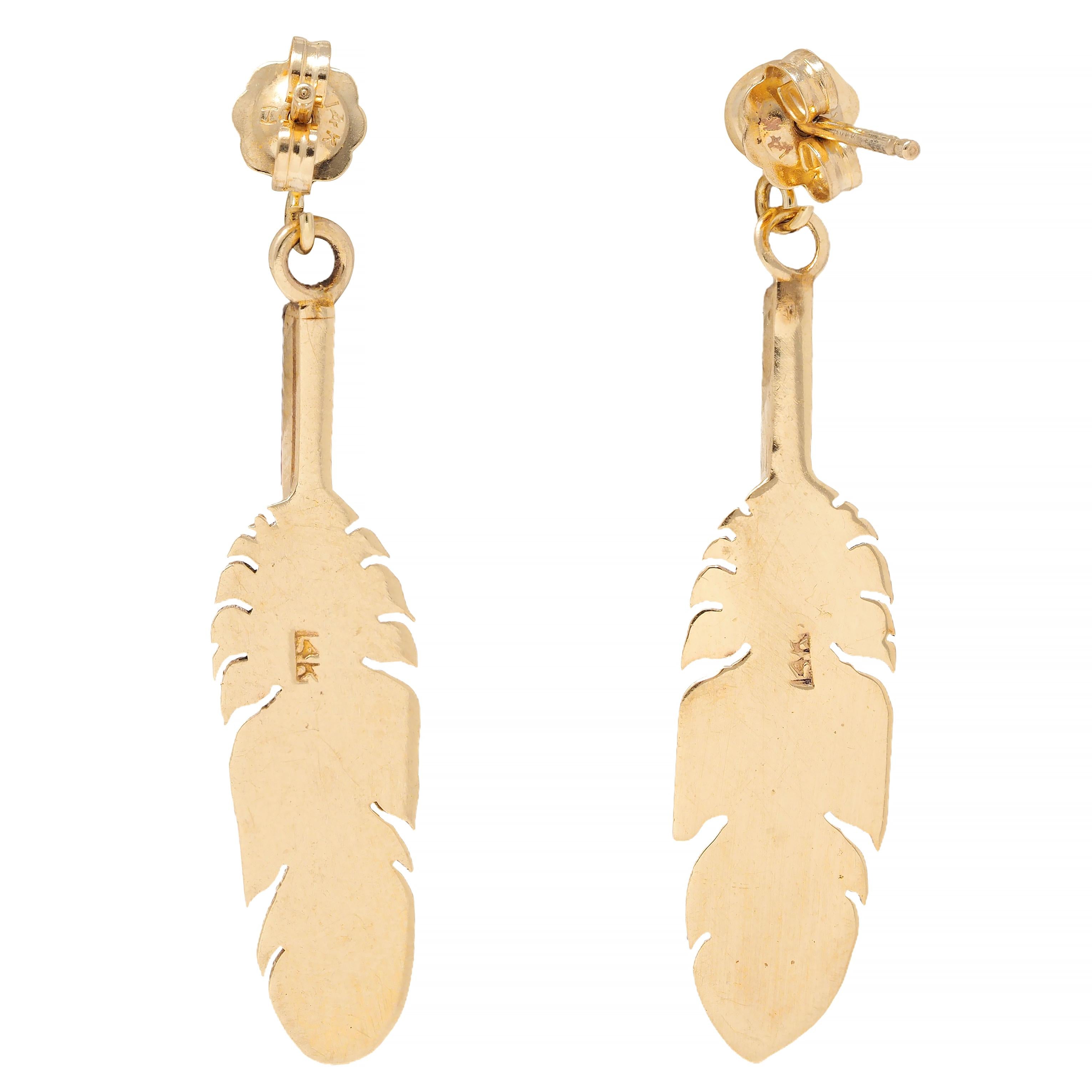 Turquoise Carnelian 14 Karat Yellow Gold Vintage Feather Drop Earrings