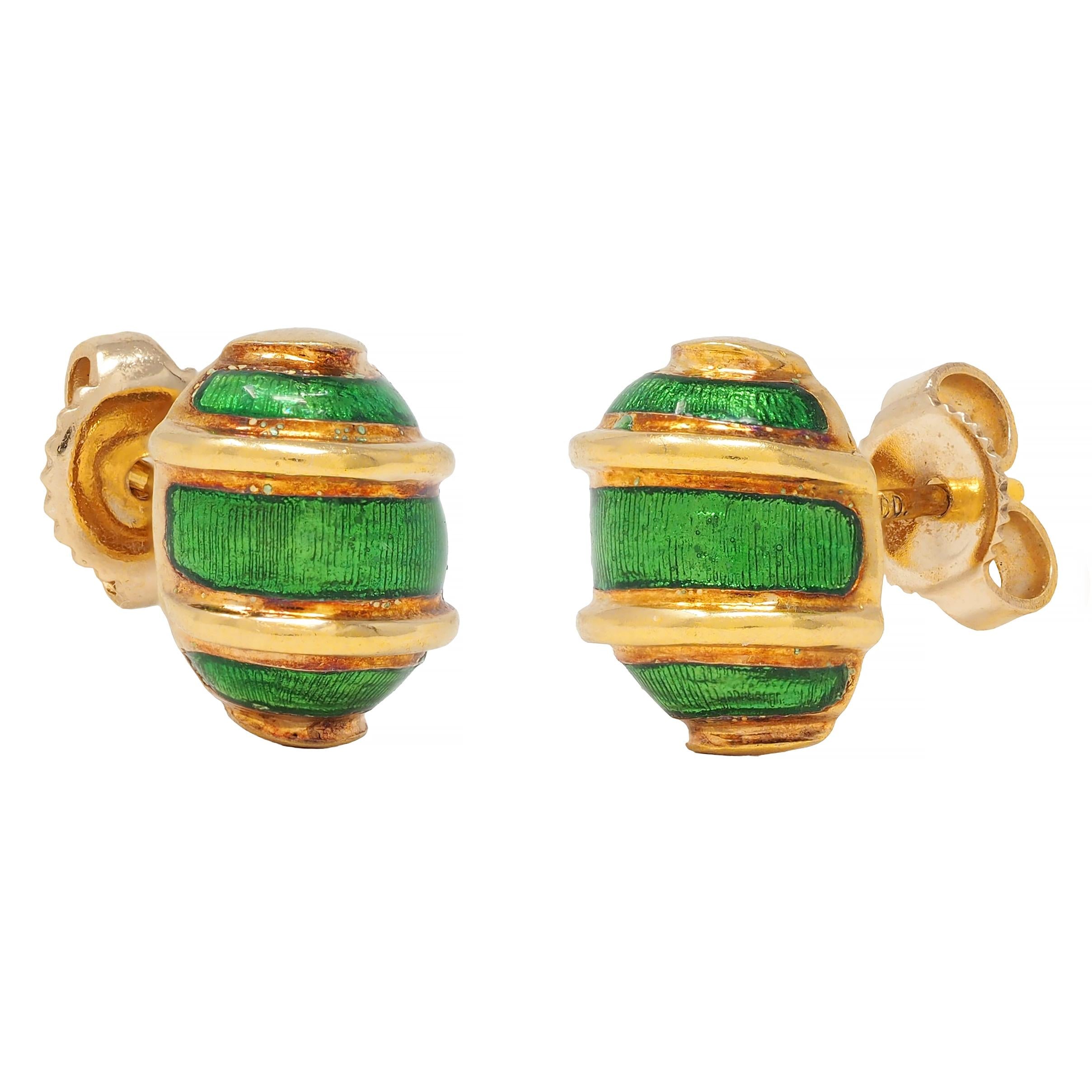 Tiffany & Co. 1960's Green Enamel 18 Karat Gold Vintage Stud Earrings