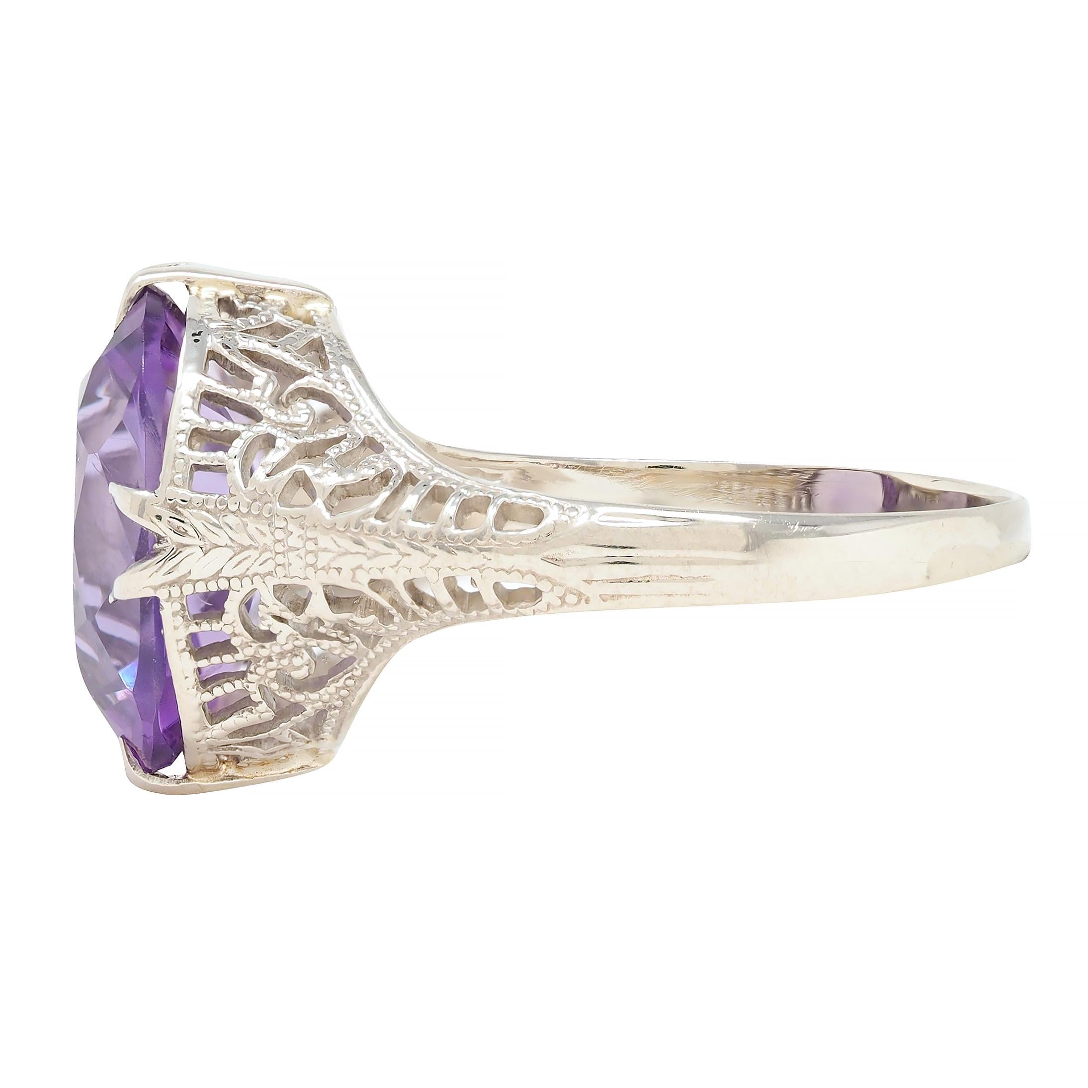 Art Deco Amethyst 14 Karat White Gold Foliate Filigree Vintage Ring