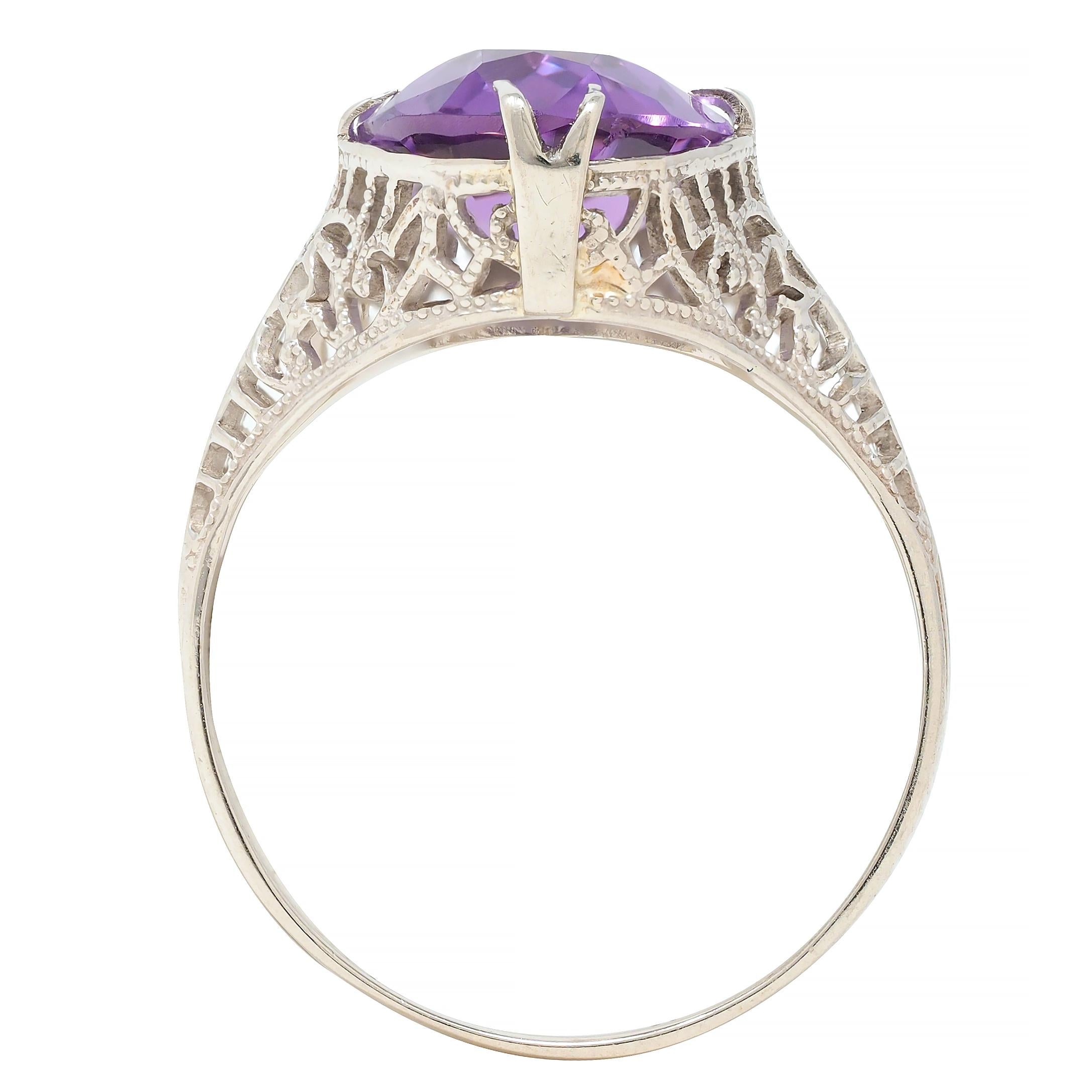 Art Deco Amethyst 14 Karat White Gold Foliate Filigree Vintage Ring