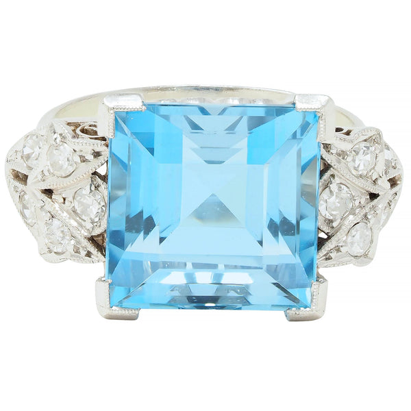 Art Deco 9.01 CTW Step Cut Aquamarine Diamond Platinum Vintage Cocktail Ring