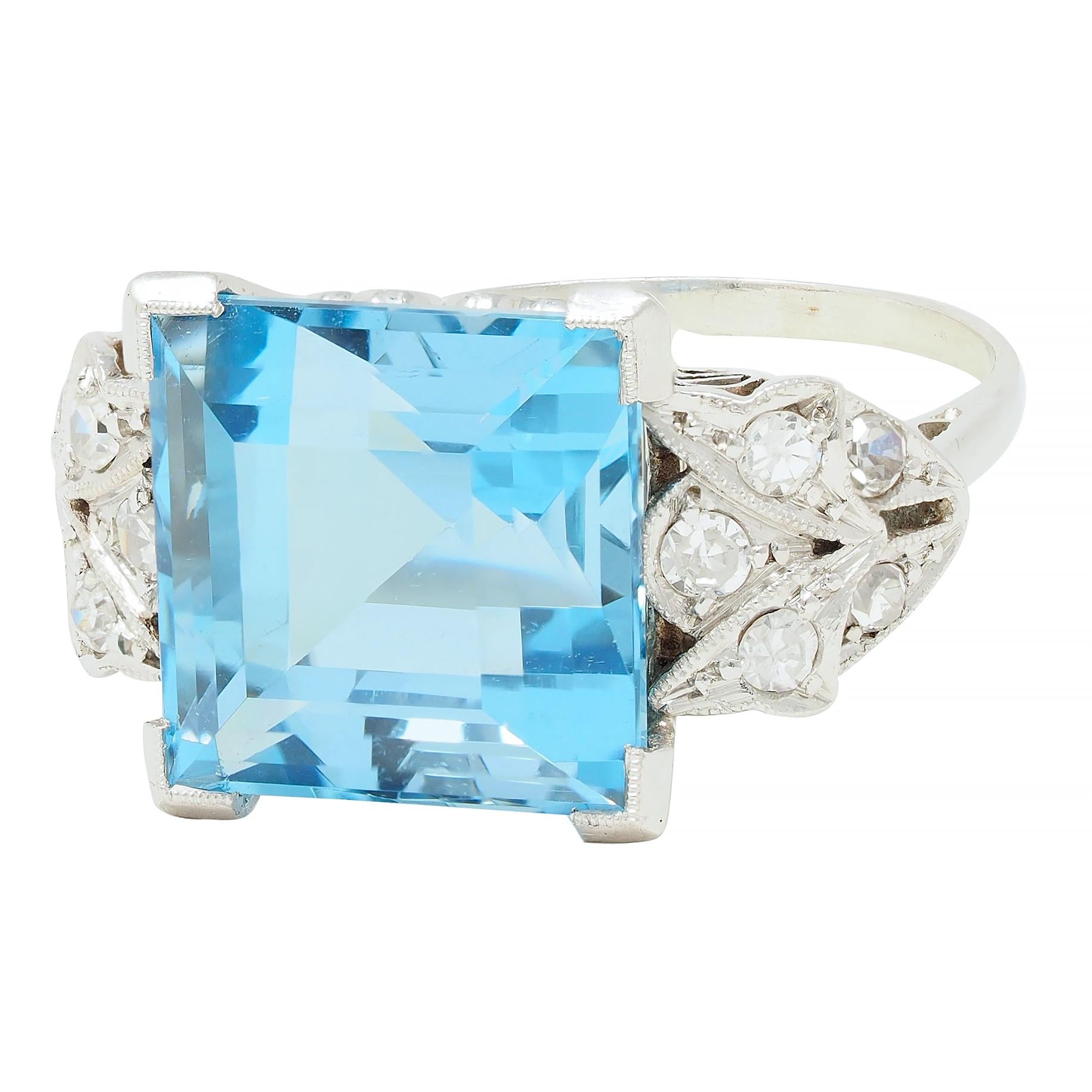 Art Deco 9.01 CTW Step Cut Aquamarine Diamond Platinum Vintage Cocktail Ring