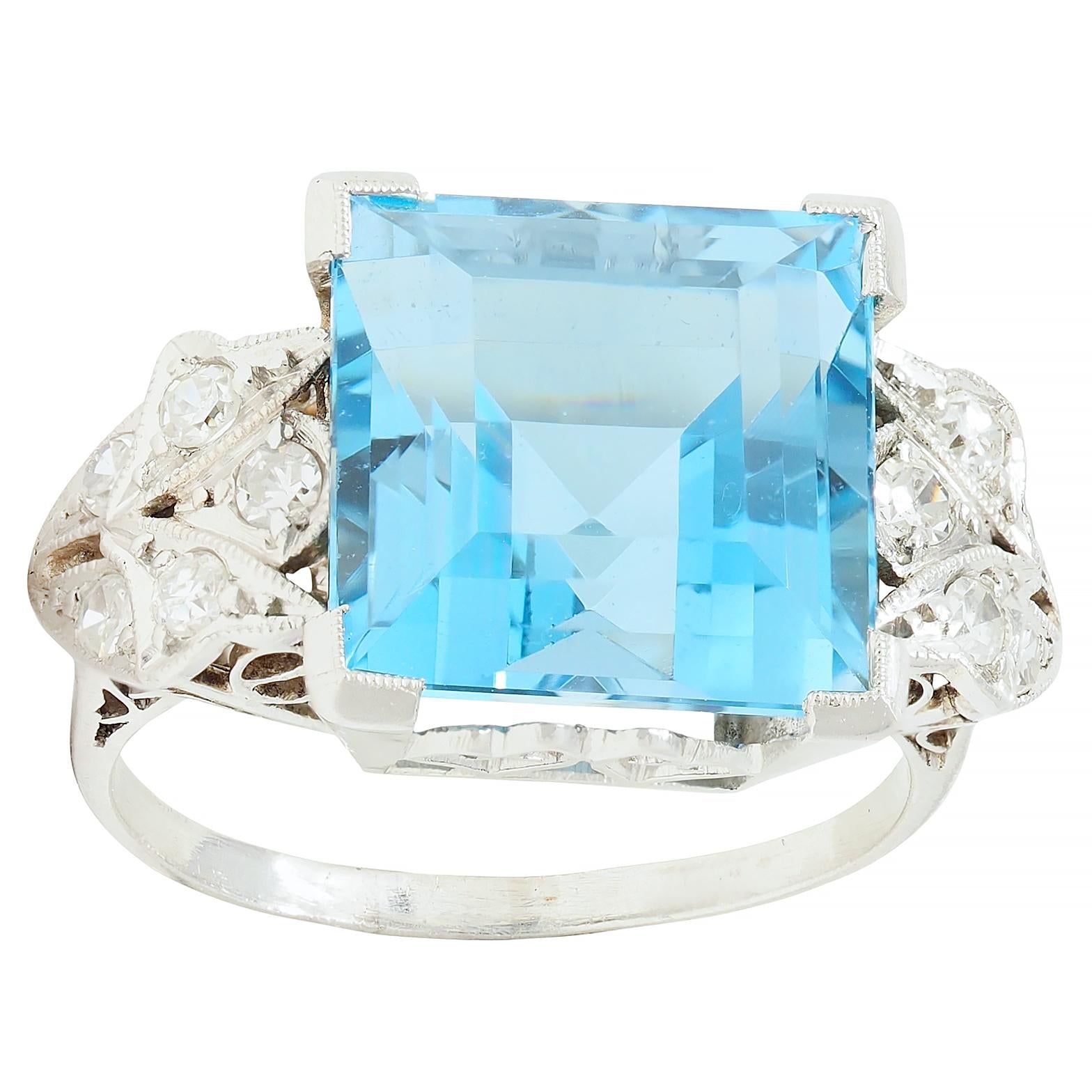 Art Deco 9.01 CTW Step Cut Aquamarine Diamond Platinum Vintage Cocktail Ring