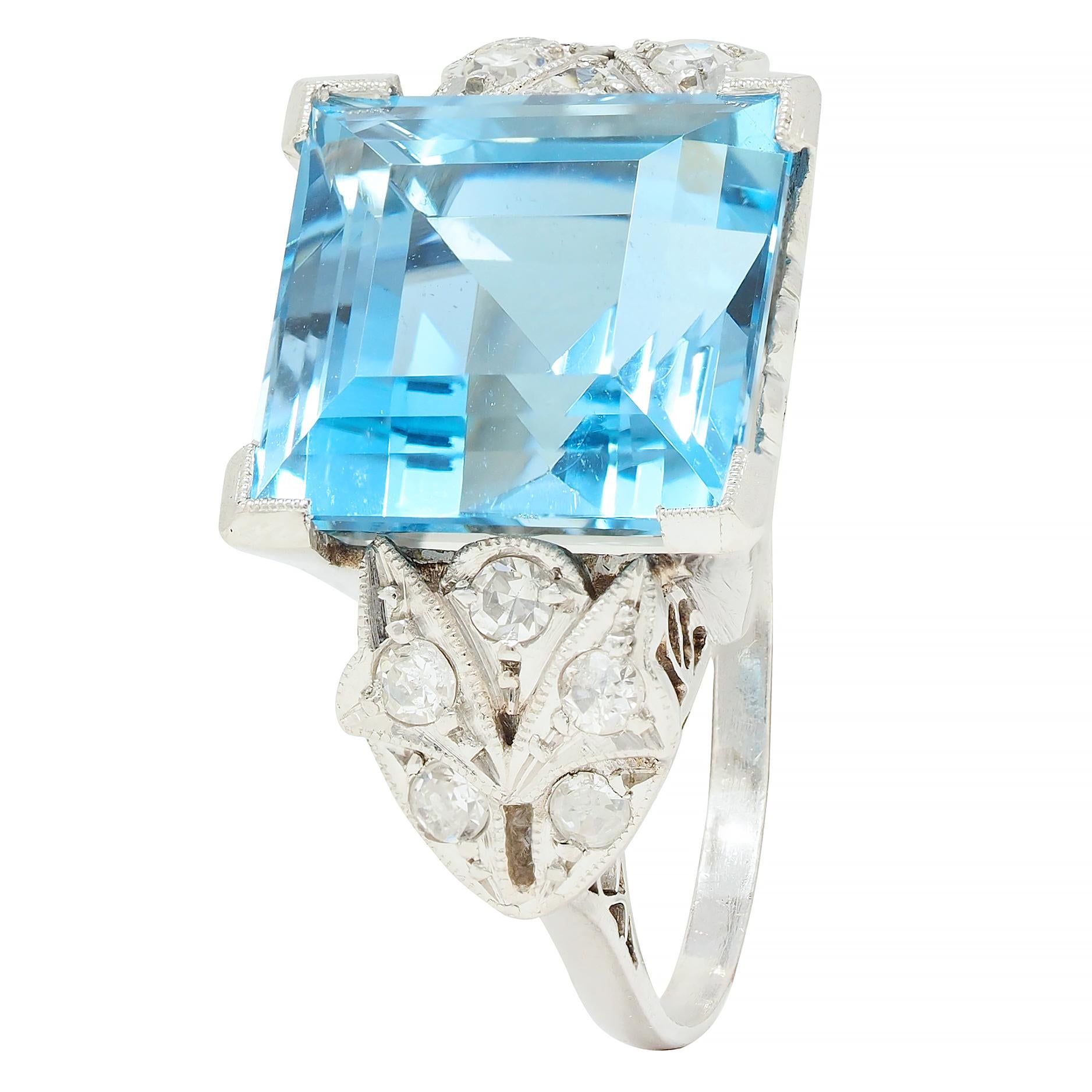 Art Deco 9.01 CTW Step Cut Aquamarine Diamond Platinum Vintage Cocktail Ring