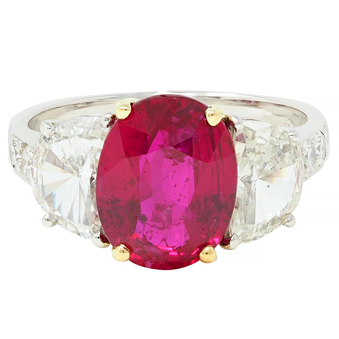 1980's 4.51 CTW No Heat Mozambique Ruby Diamond Platinum 18K Gold Ring AGL