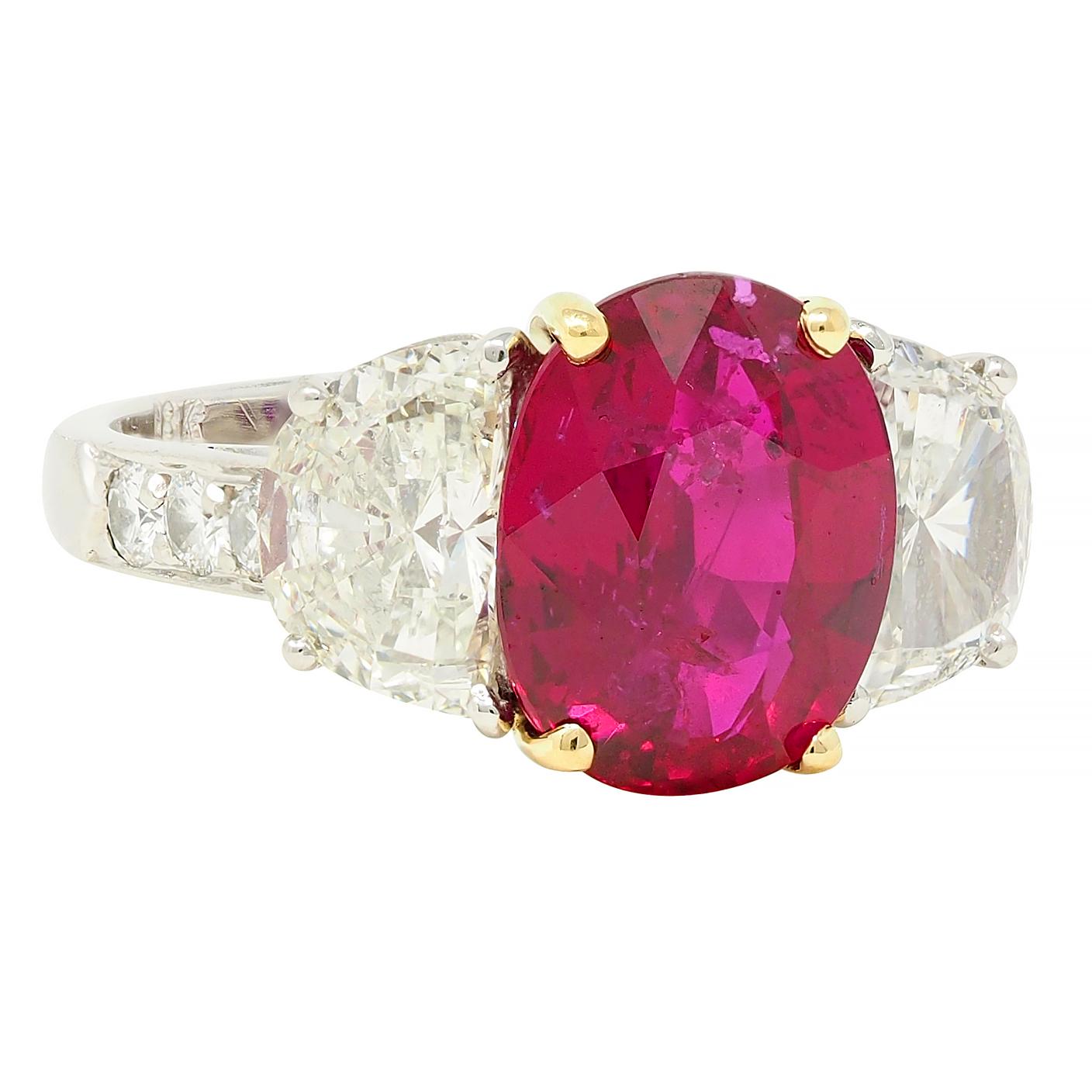 1980's 4.51 CTW No Heat Mozambique Ruby Diamond Platinum 18K Gold Ring AGL