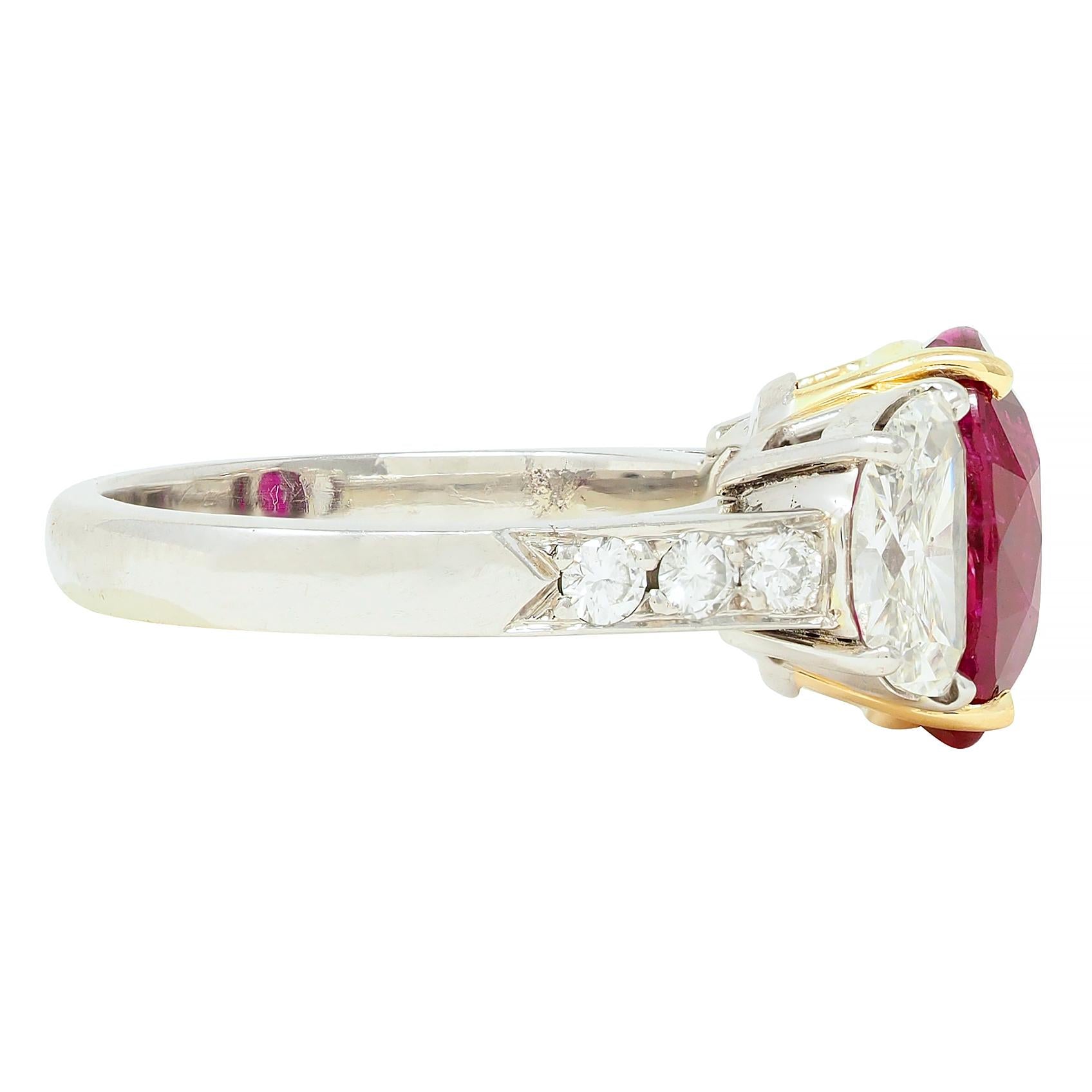 1980's 4.51 CTW No Heat Mozambique Ruby Diamond Platinum 18K Gold Ring AGL