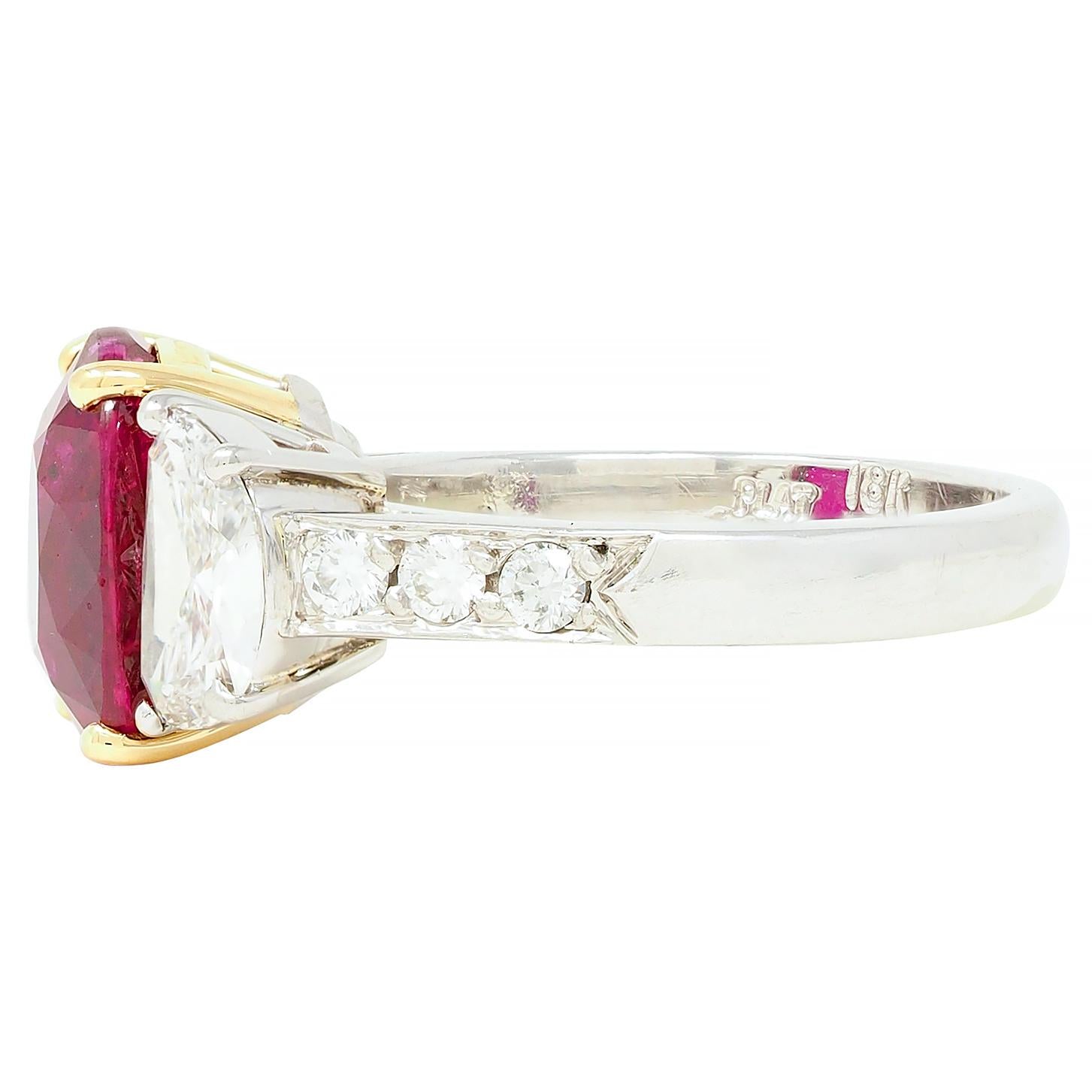 1980's 4.51 CTW No Heat Mozambique Ruby Diamond Platinum 18K Gold Ring AGL