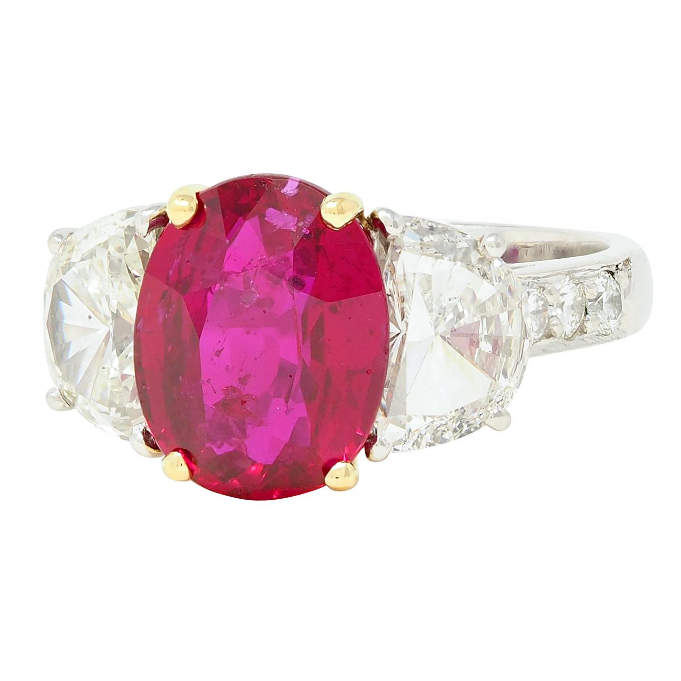 1980's 4.51 CTW No Heat Mozambique Ruby Diamond Platinum 18K Gold Ring AGL