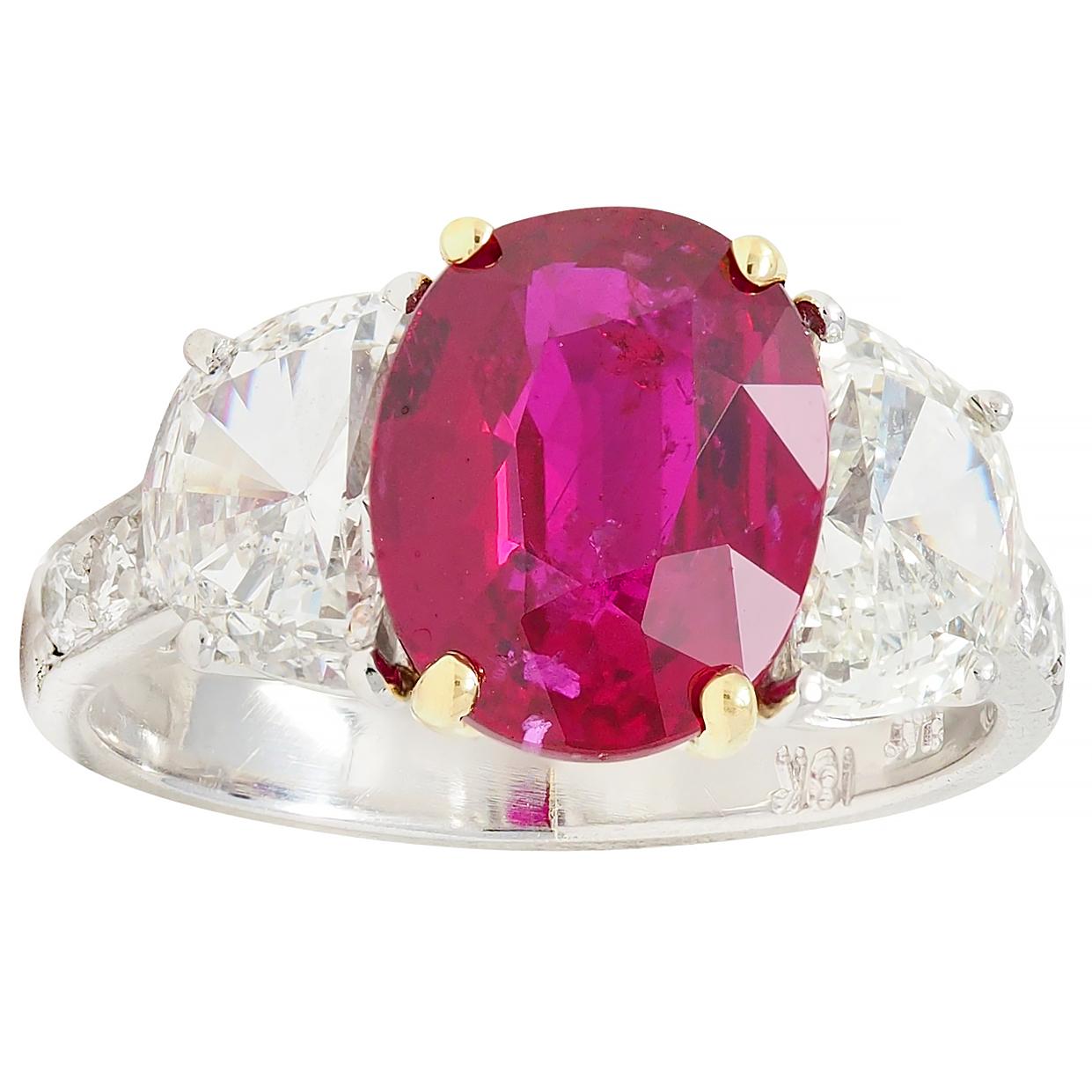 1980's 4.51 CTW No Heat Mozambique Ruby Diamond Platinum 18K Gold Ring AGL