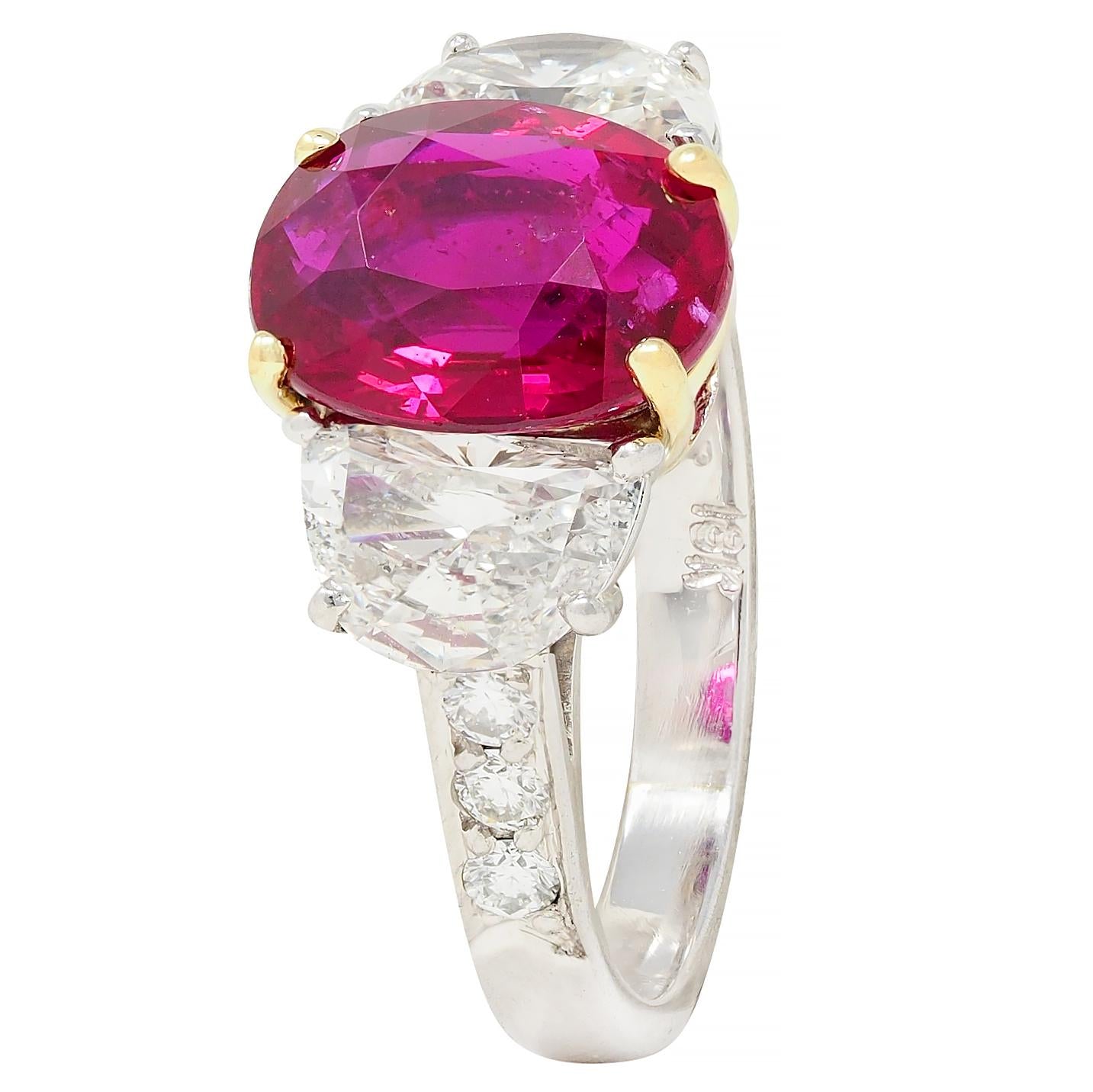 1980's 4.51 CTW No Heat Mozambique Ruby Diamond Platinum 18K Gold Ring AGL