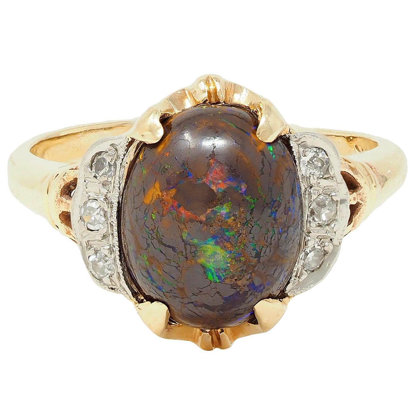 Early Art Deco Boulder Opal Diamond Platinum 14 Karat Gold Antique Garland Ring