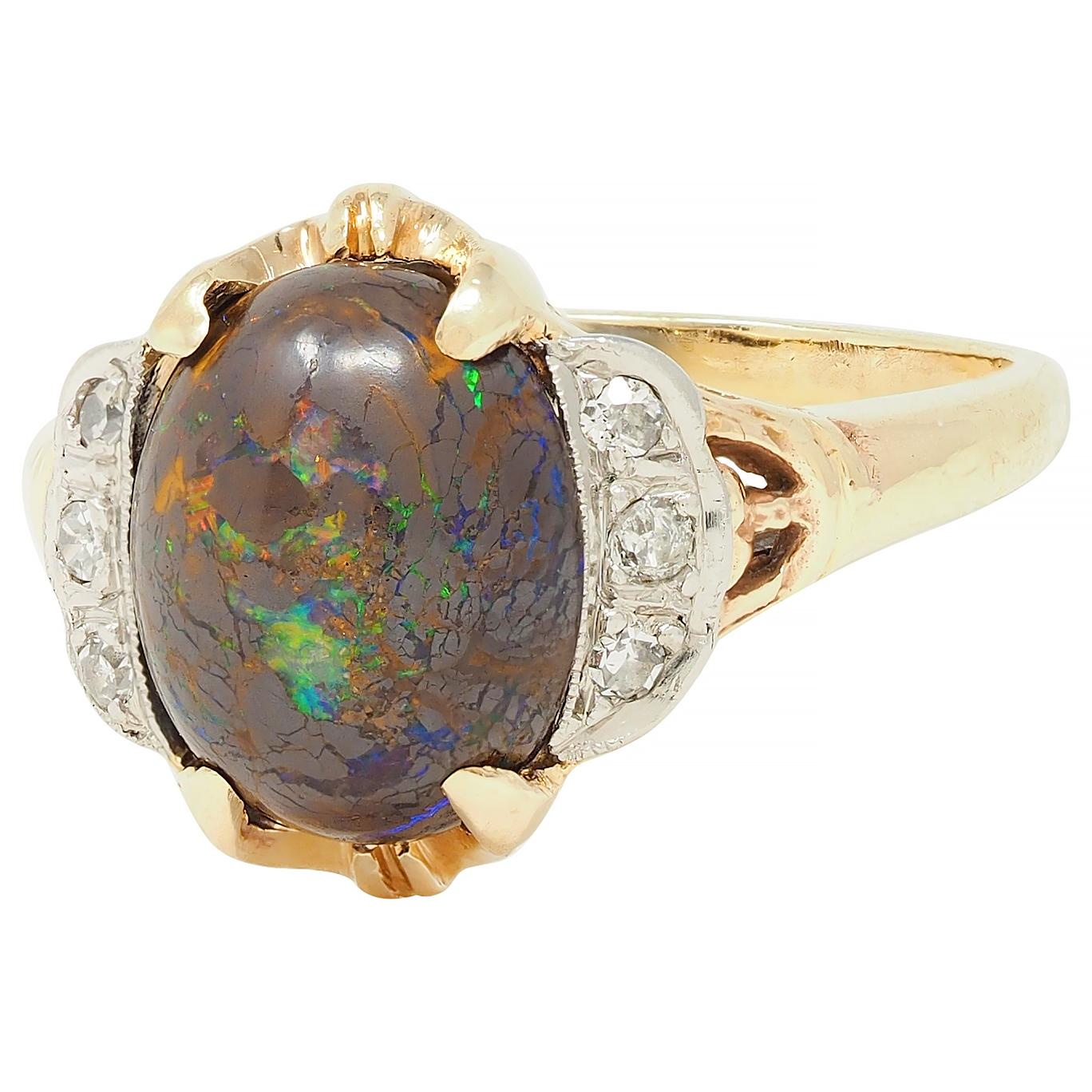 Early Art Deco Boulder Opal Diamond Platinum 14 Karat Gold Antique Garland Ring