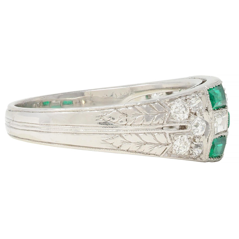 Art Deco 1.22 CTW Emerald Diamond Platinum Antique Checkerboard Band Ring