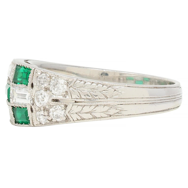 Art Deco 1.22 CTW Emerald Diamond Platinum Antique Checkerboard Band Ring