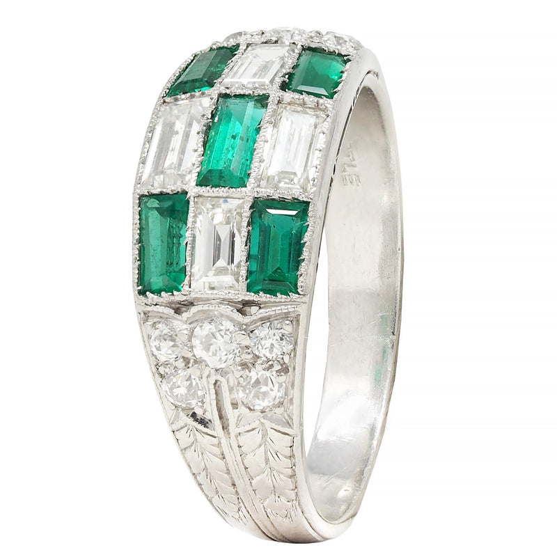 Art Deco 1.22 CTW Emerald Diamond Platinum Antique Checkerboard Band Ring