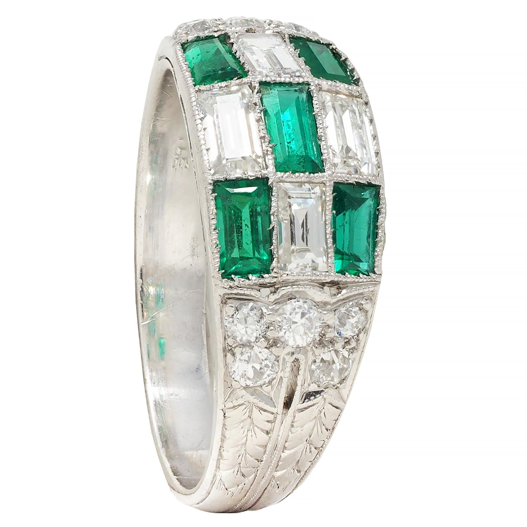 Art Deco 1.22 CTW Emerald Diamond Platinum Antique Checkerboard Band Ring