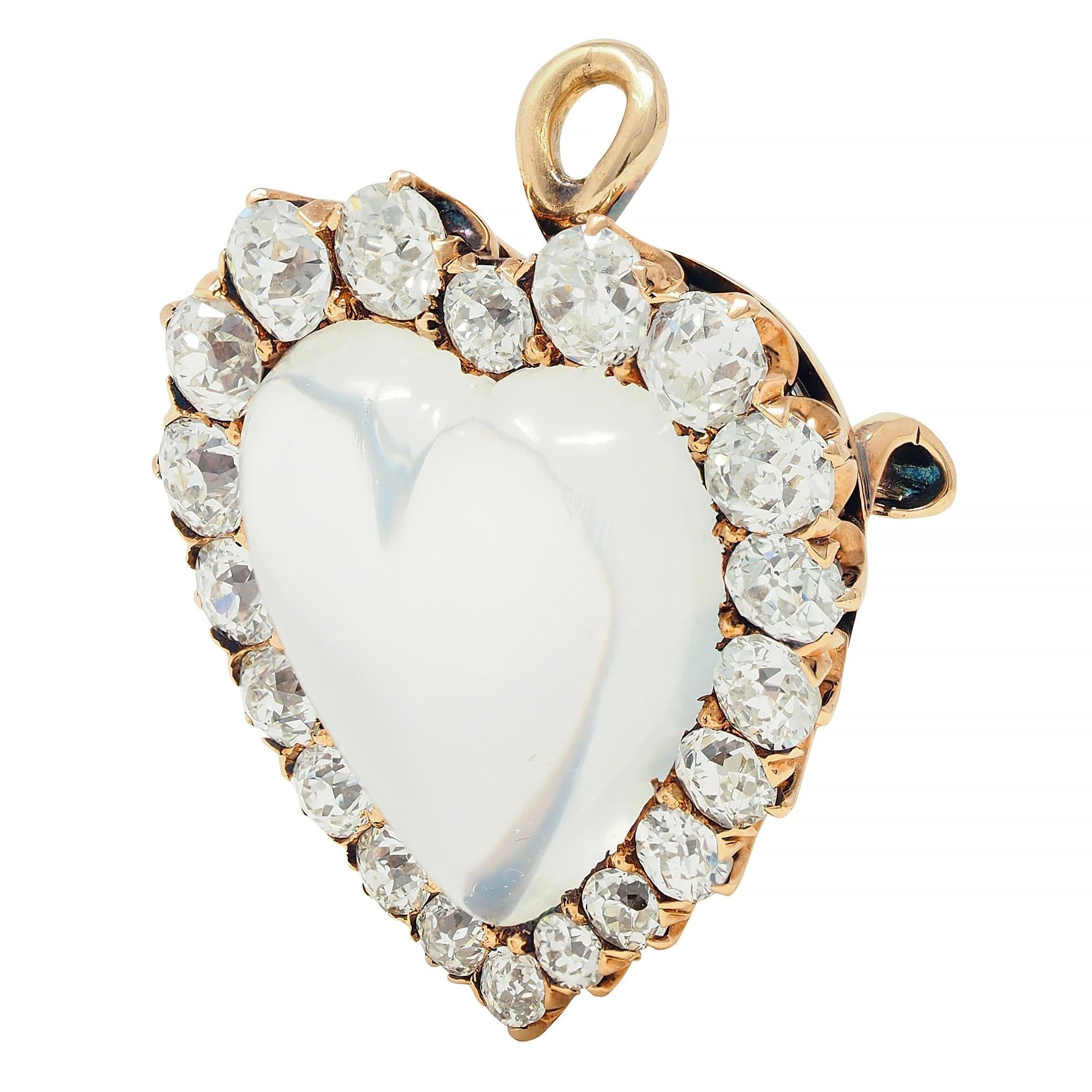 Victorian 1.63 CTW Diamond Moonstone 14 Karat Gold Antique Heart Pendant Brooch